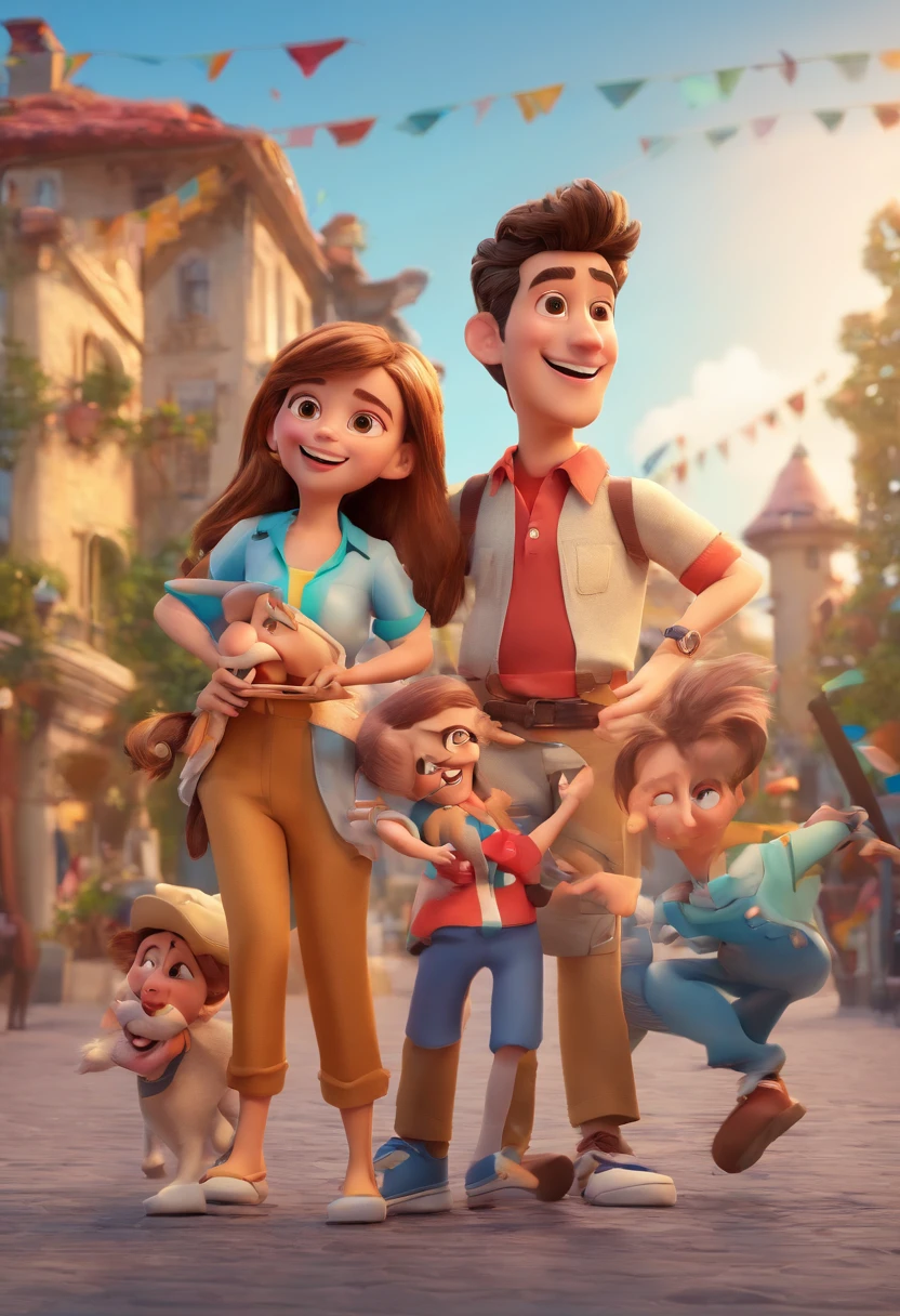 Cartoon of friends having fun on vacation together,  3D Animation Movie Poster, Poster de filme animado, pixar 3 d animation style, pixar renderman rendering, maia 8 mil, animated film, Disney Pixar Estilo 3D, amigos felizes saem juntos, all wearing light blue shirts and cream brown long pants, camisa azul clara, cream brown pants, ao ar livre, vacation, Disney Pixar Animation Poster