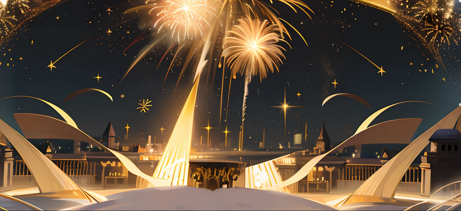 Fireworks above the fountain，In the background is the bell tower, background artwork, Fireworks, [ fireworks in the sky ]!!, intricate sparkling atmosphere, Golden meteor, Fireworks in the background, Anime background art, highschool background, fire works, colorful anime movie background, anime backgrounds, grand finale, amazing background, ballroom background, fireworks in background, Golden spark