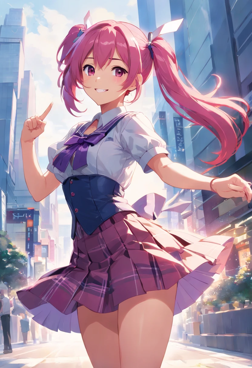(((best quality))), 1girl, pink hair, purple inner hair, kirara jump, smile, twintails, pink miniskirt, short sleeve, red check dress, corset, zettai ryouiki, pointing her bow, official art