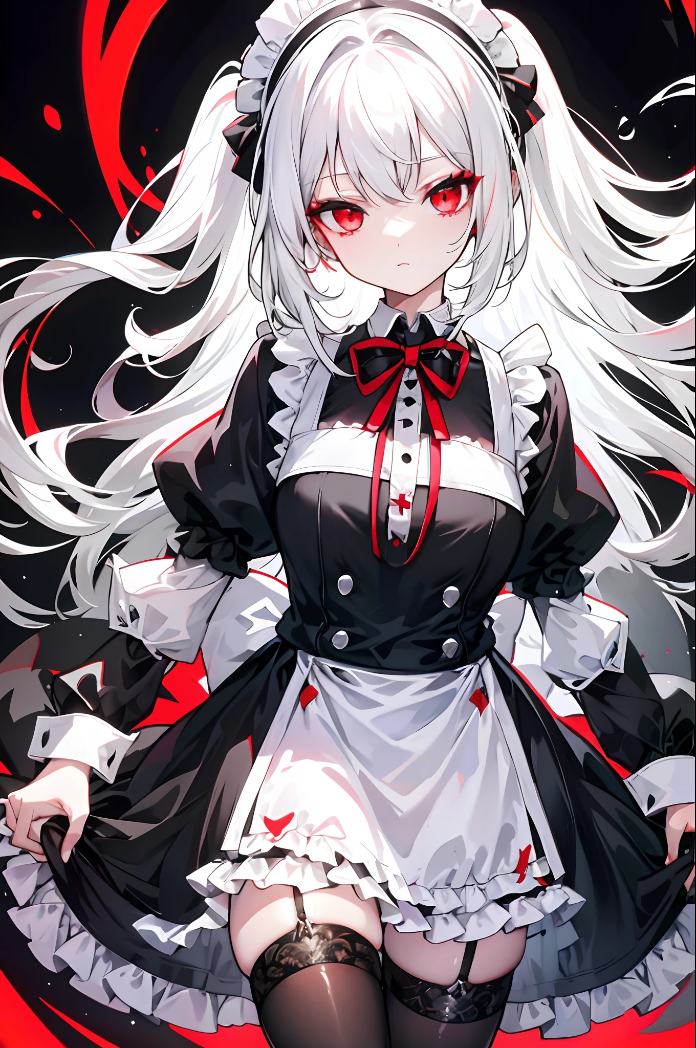 1girll, White hair, Maid dressed in black stockings, underdressing,red eyes