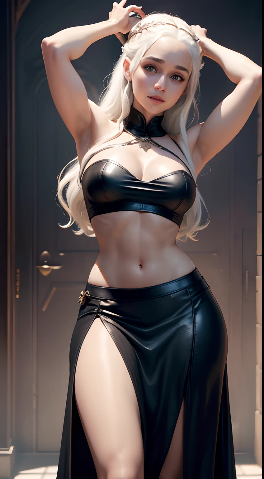 Daenerys Targaryen, sexy, looking at viewer, smiling, shirt, black skirt, leather skirt, midriff, cleavage, nsfw, seductive, slim hips, medium breasts,