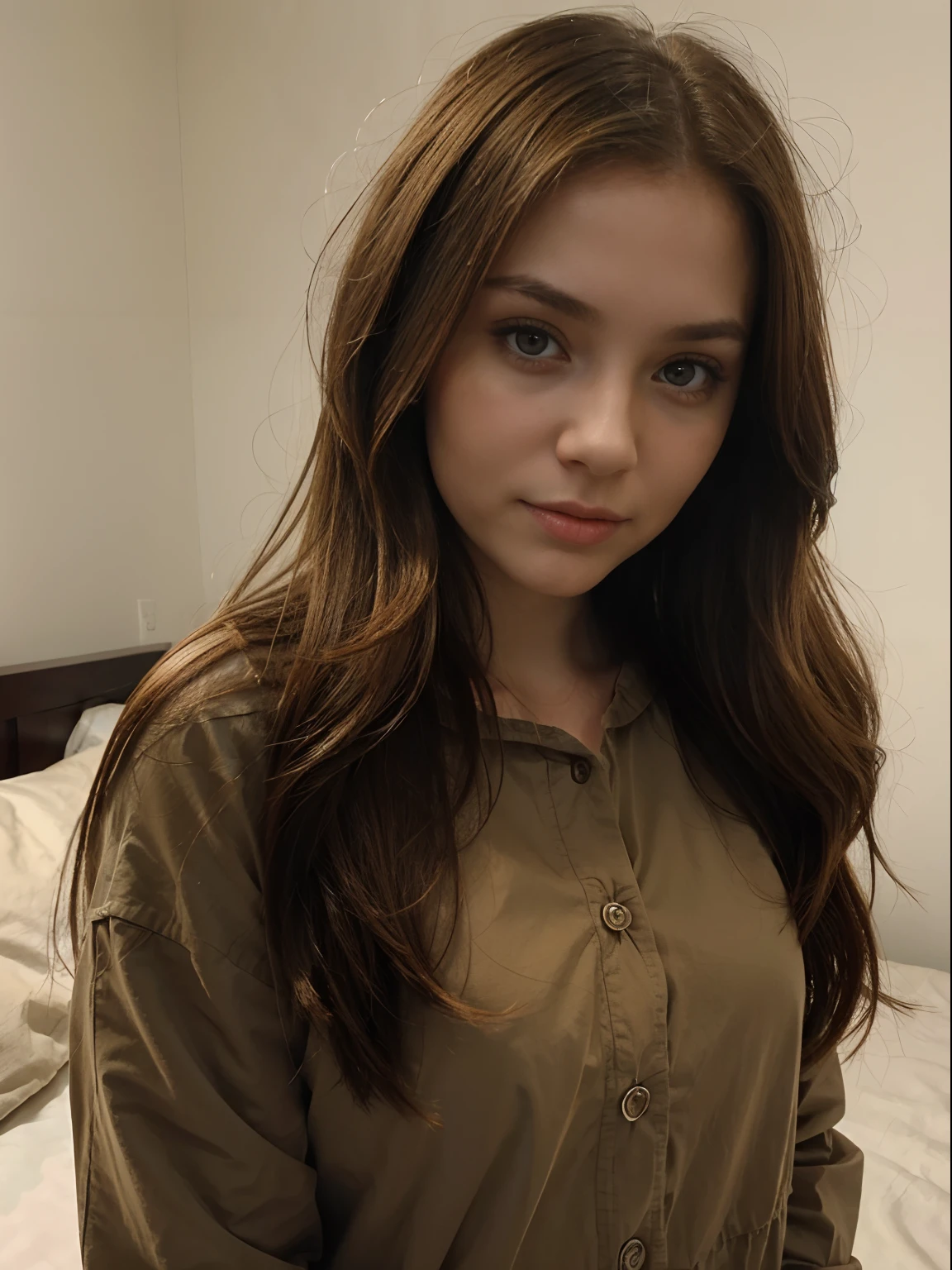 A girl of European appearance (Russian), with medium-length hair of russet colour, in ordinary everyday clothes, against the background of a bed