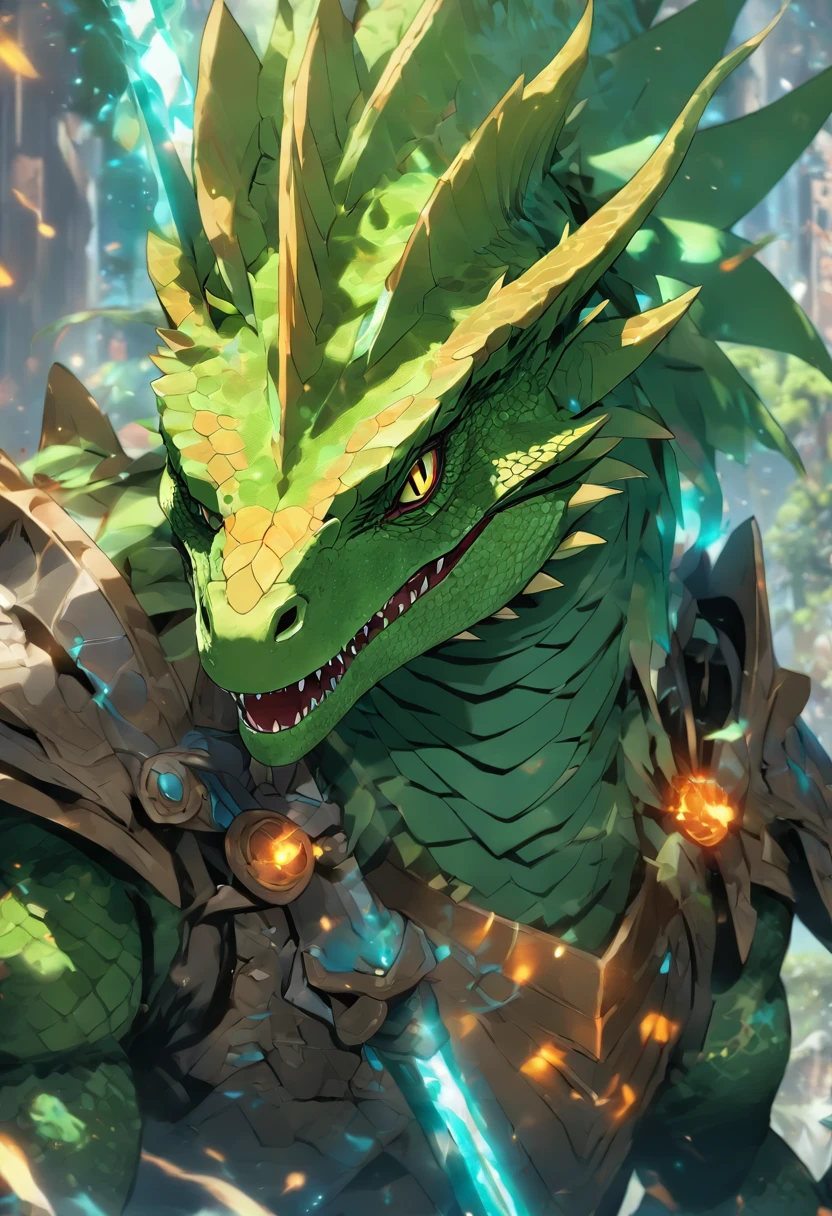 (((Lizard God))) best quality, very high resolution, 4K detailed CG, master piece, fantasy, DnD 5E ilustration, there is a drawing of a dragon with a green and orange head, with scaly-looking armor, as a badass monster hunter, sleek mecha female dragon head, cyborg dragon portrait, robot mecha female dragon head, d&d character head portrait, a baddass dragon, but as an anthropomorphic dragon, as an anthropomorphic dragon, fighter, wielding a greatsword. lizardfork, green dinosaur, full plate armor, blue crystal on chest, full body centered on screen, standing pose