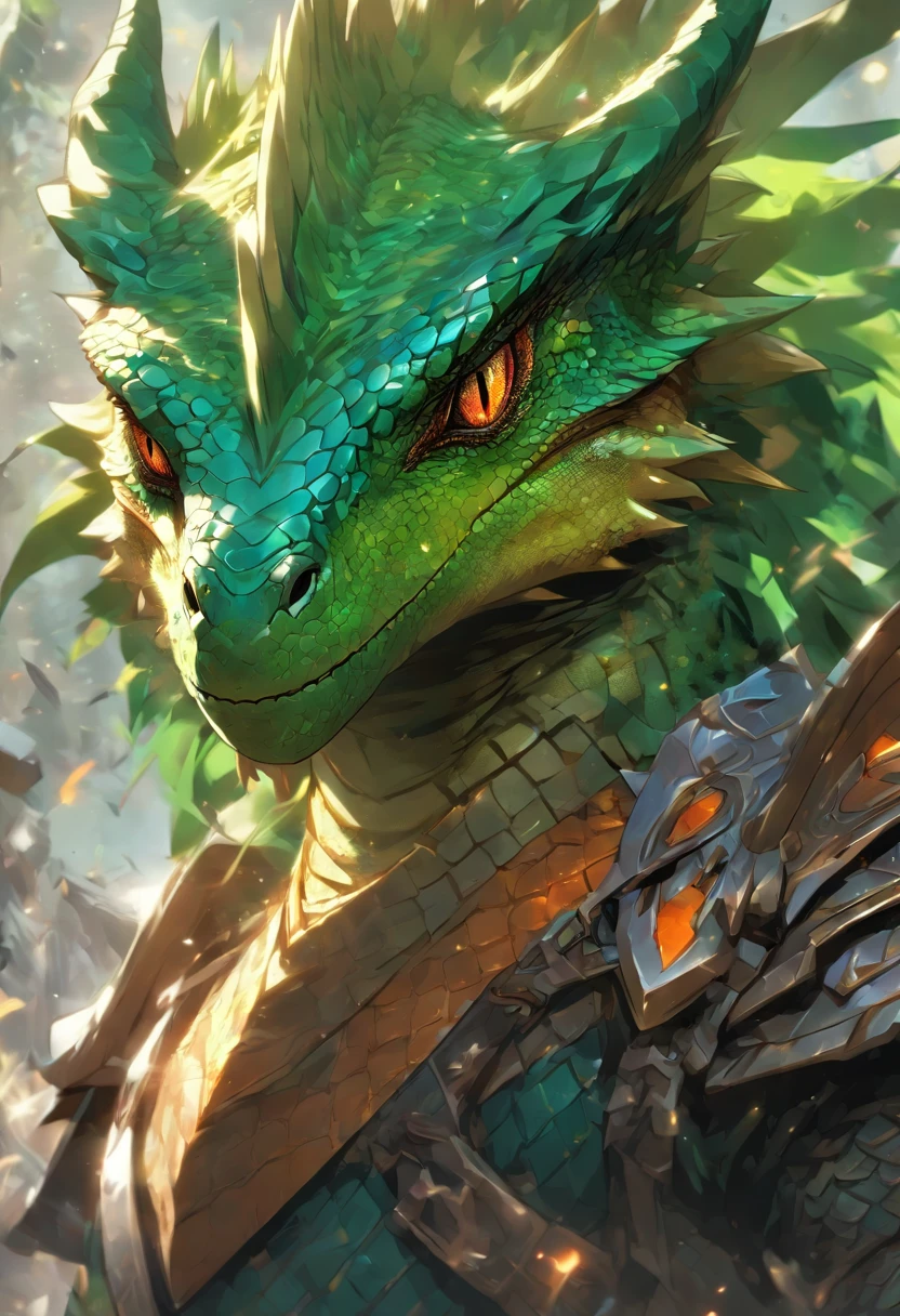 (((Lizard God))) best quality, very high resolution, 4K detailed CG, master piece, fantasy, DnD 5E ilustration, there is a drawing of a dragon with a green and orange head, with scaly-looking armor, as a badass monster hunter, sleek mecha female dragon head, cyborg dragon portrait, robot mecha female dragon head, d&d character head portrait, a baddass dragon, but as an anthropomorphic dragon, as an anthropomorphic dragon, fighter, wielding a greatsword. lizardfork, green dinosaur, full plate armor, blue crystal on chest, full body centered on screen, standing pose