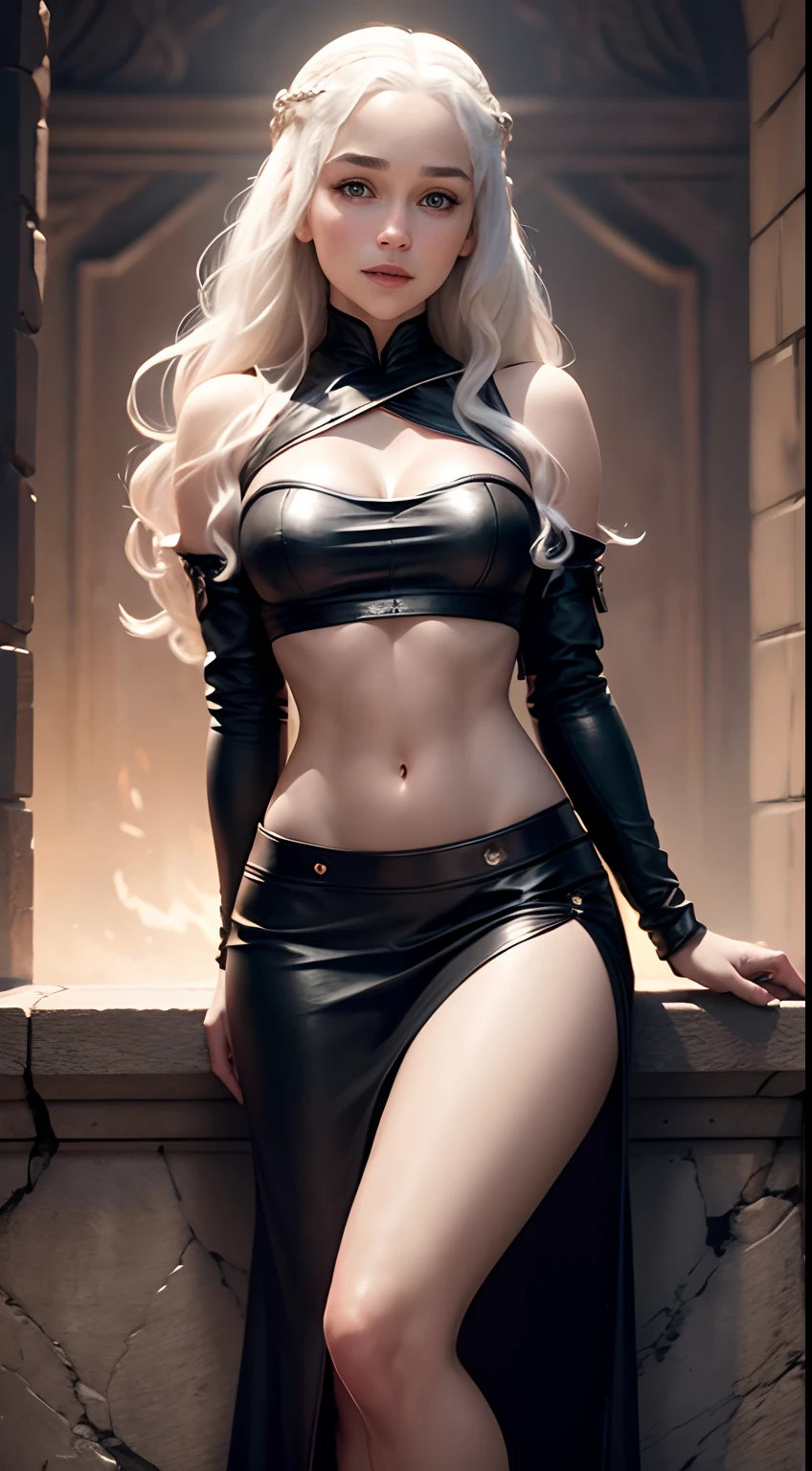 Daenerys Targaryen, sexy, looking at viewer, smiling, shirt, black skirt, leather skirt, midriff, cleavage, nsfw, seductive, slim hips, medium breasts,