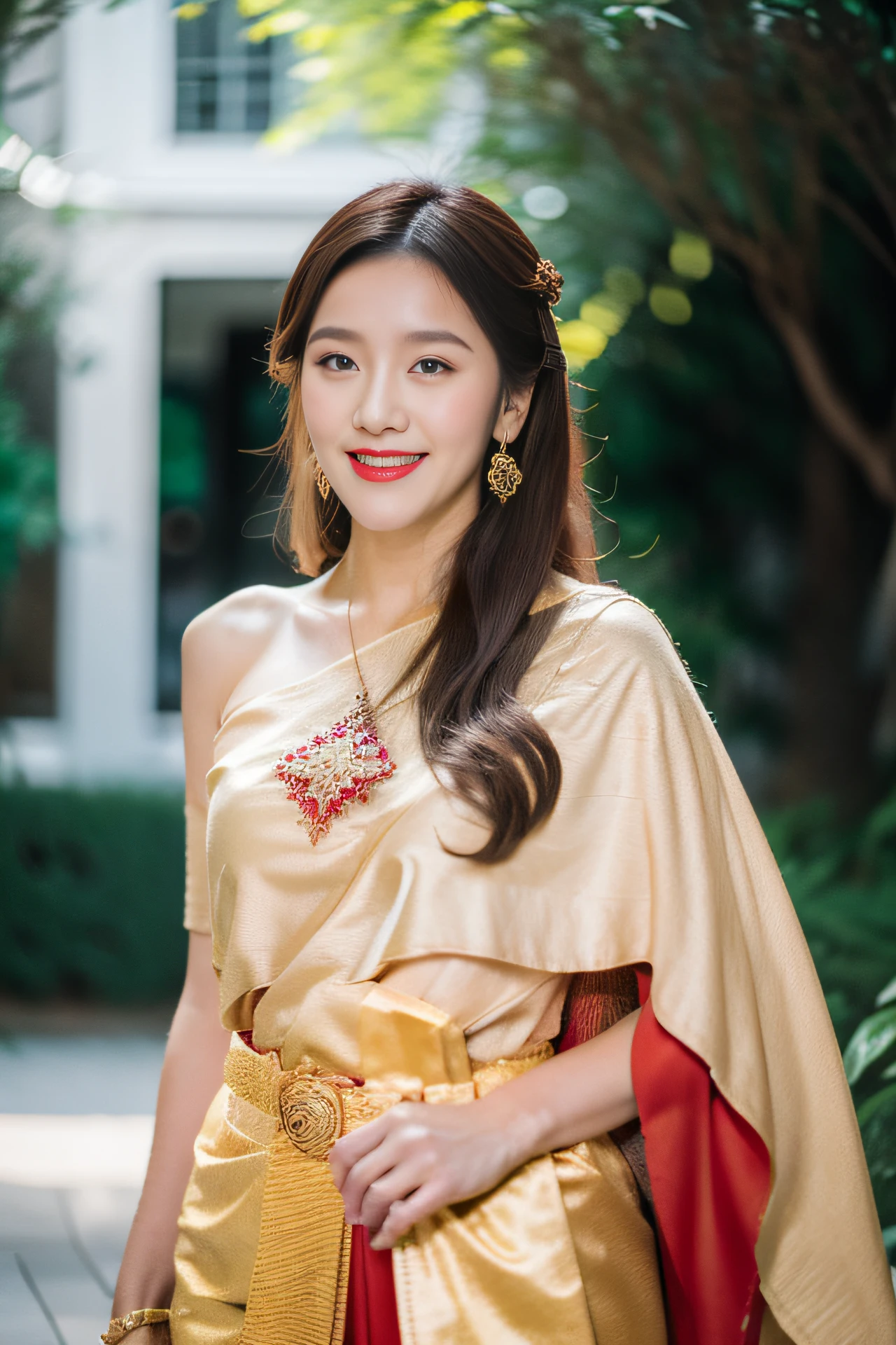 Detailed faces, Clear face, Beautiful Girl, Asian makeup, Red lips, Smile, Brown hair, Crown, half body, big breasts, Thai fairy costume, Thai vintage style, Antique, mid-sexy dress, Red costume, HD, Random Pose, Evening light, flower garden background.