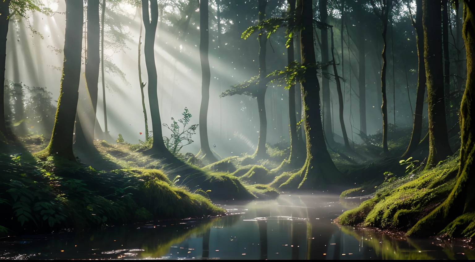 finest image, (8k, RAW photo, realistic), mist in the woods, forest, lakeside, overgrown trees, sunlight filtering through the leaves, blurry background fantasy, dewdrops, that emits fantastic light, light particles, light sparkles, iridescent light particles, detailed and delicate depiction, professional lighting