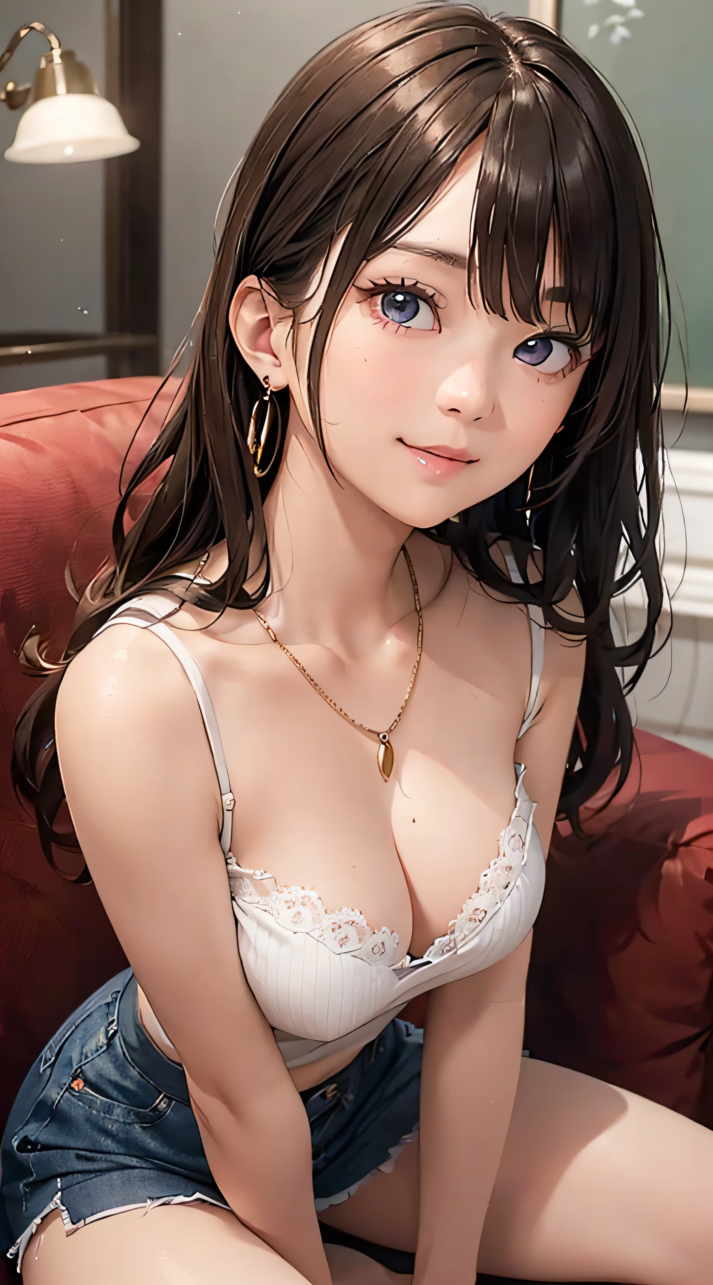 (masutepiece: 1.3), (max resolution: 1.2), (Ultra HDTV: 1.2), cinematric light, Ultra HDTV, (Detailed eyes and skin), (detailed facial features), nffsw, 8K resolution, Sharp Focus: 1.2, Perfect Style, Beautiful face, Perfect body, acurate, Anatomically correct, Highly detailed face and skin texture, Detailed eyes, Dark-blue eyes, Double eyelids, Thin eyebrows, Glitter Eyeliner: 1.2, Natural cheeks, Glossy skin, Fair skin: 1.2, shiny little necklace and earrings, (Glossy lips: 1.4), BREAK, One-person viewpoint, (She is a very cute female teacher), (Lilac lace panties), (Seductive smile: 1.2), ((a Innocent and cute girl:1.3)), (Long Wave Hair), (ligh brown hair:1.2), (Cowboy Shot: 1.2), BREAK, ((Very intimate relationships: 1.2)), medium large breasts, ((Looking at Viewer:1.2)), ((On the sofa in the women's room:1.2)), ((Bend your knees and open your legs wide:1.2)), (From Side:1.2),low angle shot Sleeveless turtleneck sweater Tight Mini Jeans Skirt Embarrassed look