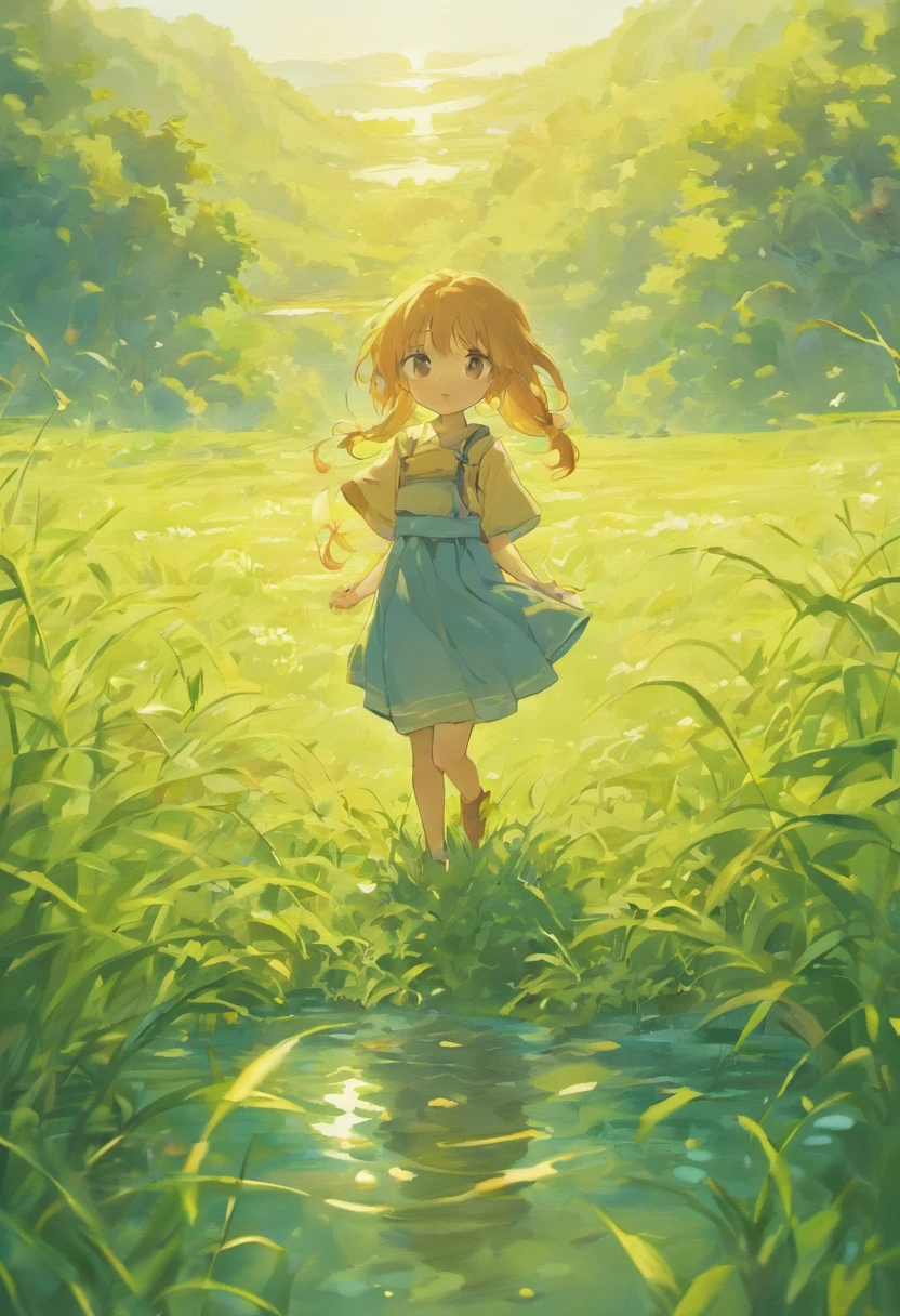 A girl in a blue dress walking through a field - SeaArt AI