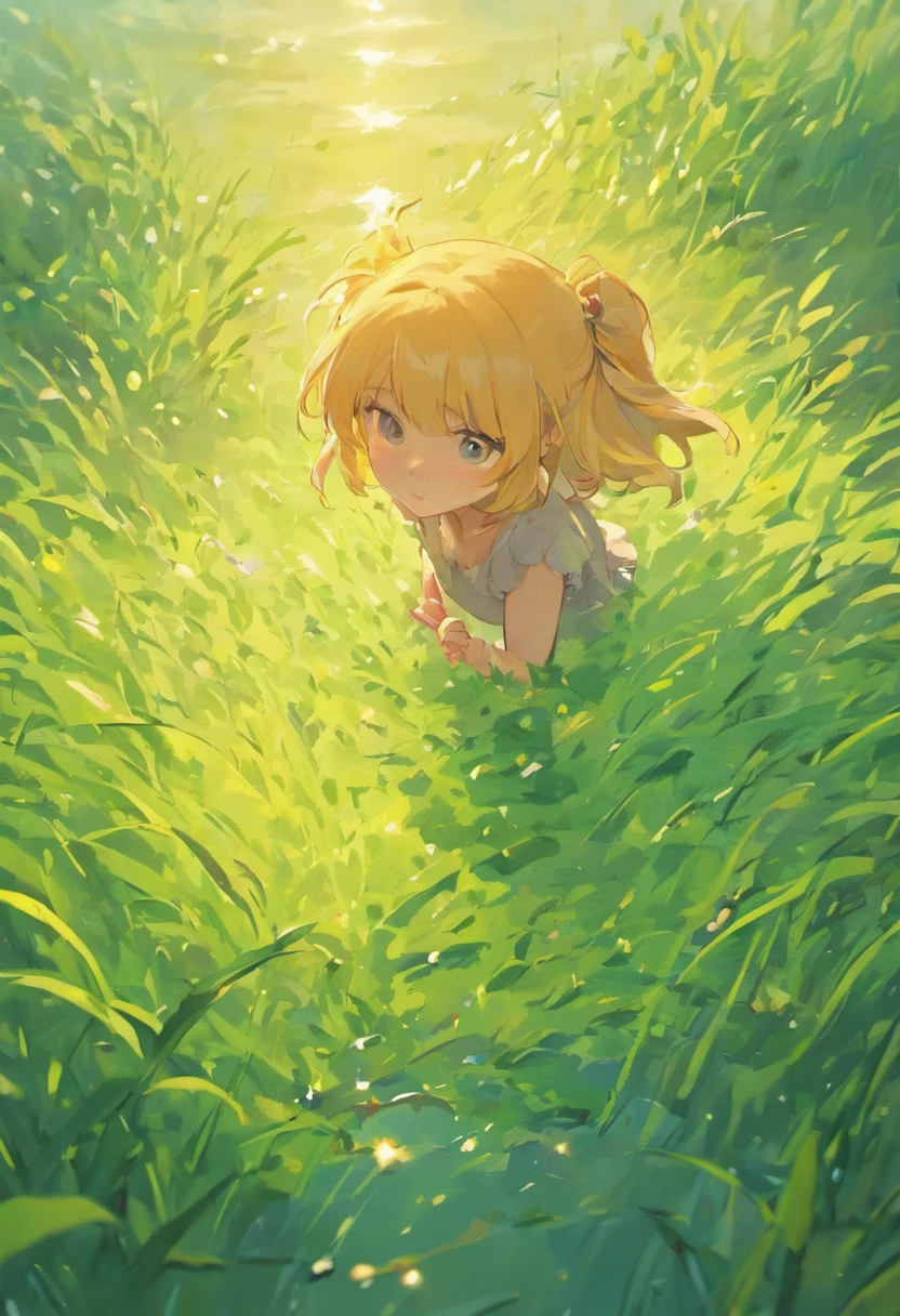 Small lake,grassy fields,Small fish in the lake,the setting sun