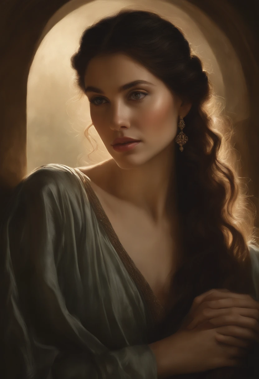 8K Ultra HD, hyper-realistic portrait of a captivating woman, The woman is portrayed in a moonlit setting, her features bathed in a soft, diffused glow that accentuates the delicate nuances of her expression. The artist, drawing from Sargent's precision, captures every subtle contour of her face, the intricacies of her gaze, and the cascading strands of her hair, In this mysterious ambiance, the artist employs da Vinci's mastery of shadow and light, creating an alluring interplay that accentuates the enigmatic aura surrounding the woman, Shadows dance across her features, enhancing the depth of her gaze and adding a touch of secrecy to the composition, by yukisakura, highly detailed, high quality