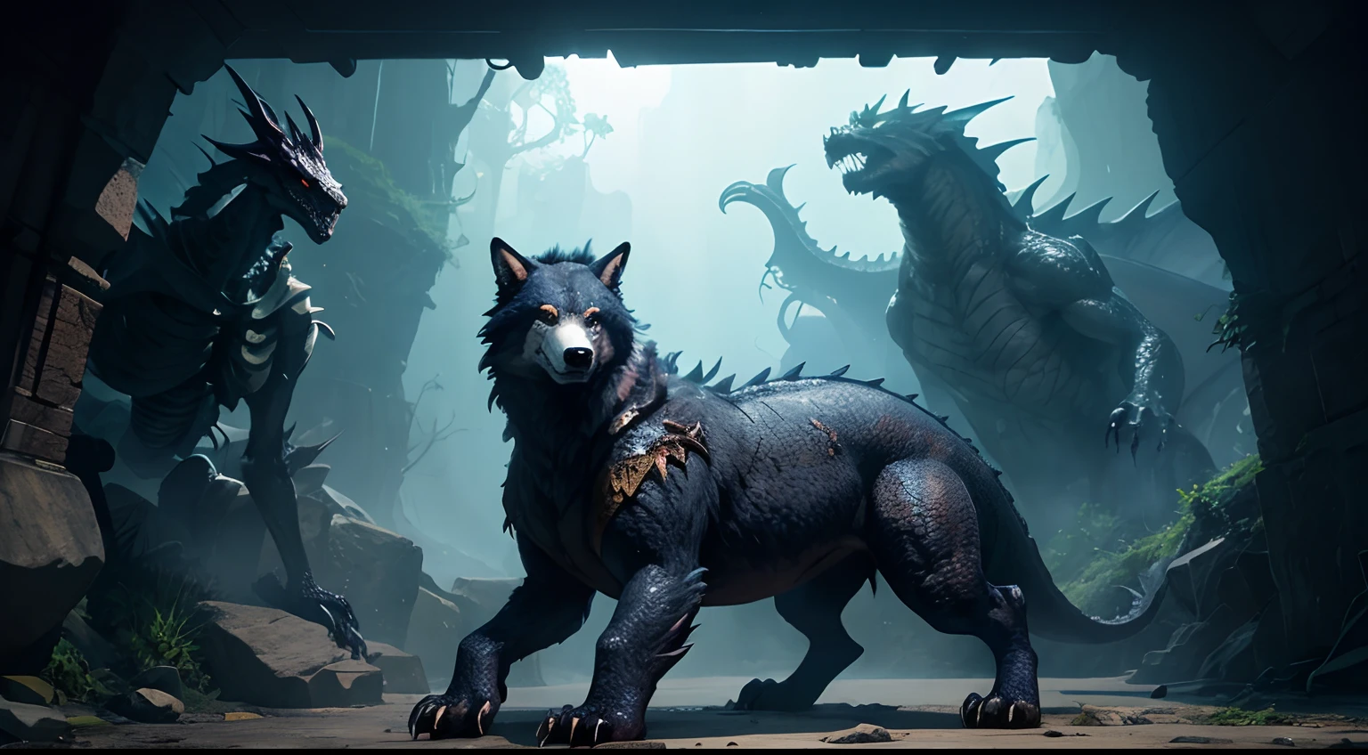 DotImage, Pixel image, Fantasy, background image, Monster, Wolf on the left, Bear in the upper left corner, Slime on the right, Skeleton in the upper right corner, A large dragon in the center