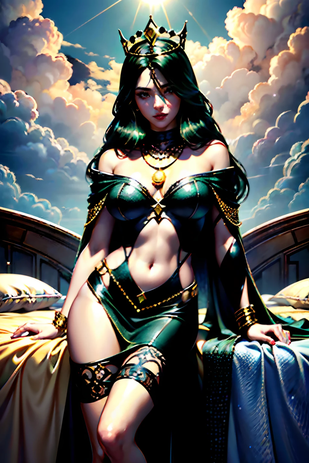 (concept art), masterpiece, best quality, photorealistic, 8k raw photo, a portrait half-body photograph by Tom Bagshaw, tarot card style, [:(detailed face:1.2):0.2], absurdres iris textures, facing viewer, cowboy shot, (photorealistic:1.5), perfect body, 
a beautiful girl pureerosface_v1, smiling, ankle high heels, wearing transparent black off_shoulder_bandage_dress with gold ornaments and crown, necklace, armband, navel ring, transparent heavy lace cloak made of swan feathers, big boobs, green eyes, long legs, long green hair, rim lighting, lying on bed inside, blue sky, clouds, sun, DarkFantasy, tarot card