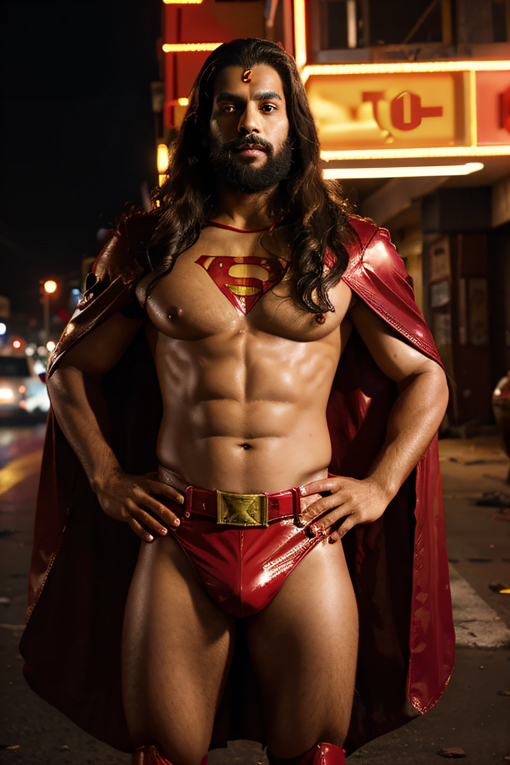 Indian Man in Shiny Tight Red Latex Underwear, Medium Long curly Hair falling aside face, Beards, Red Cape, Golden Superman Symbol Belt, Big , Bulky Physique, Standing, Crossed Arms, Dark Semi-ruined Cyberpunk City in Background