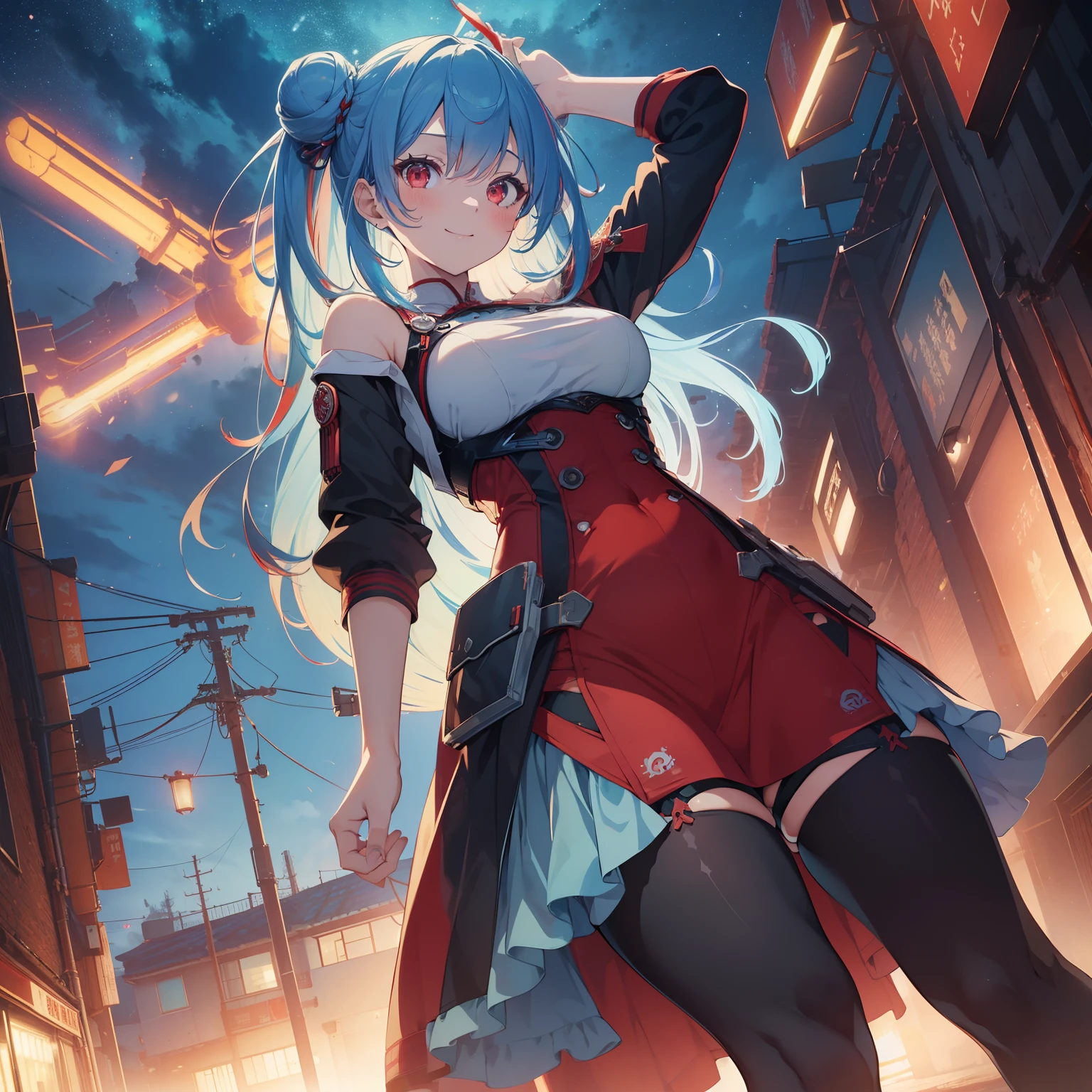 (masutepiece,Best Quality,8K),(extremely detailed CG1.1),1 girl,Smile,large boob,factories,nighttime scene,(From below:1.2),Summer light,Intricate details , Hyper realistic, Perfect Anatomy,Red Eyes,Bun,(((lightblue hair))),Bangs,hair slicked back,Full body,battle garments