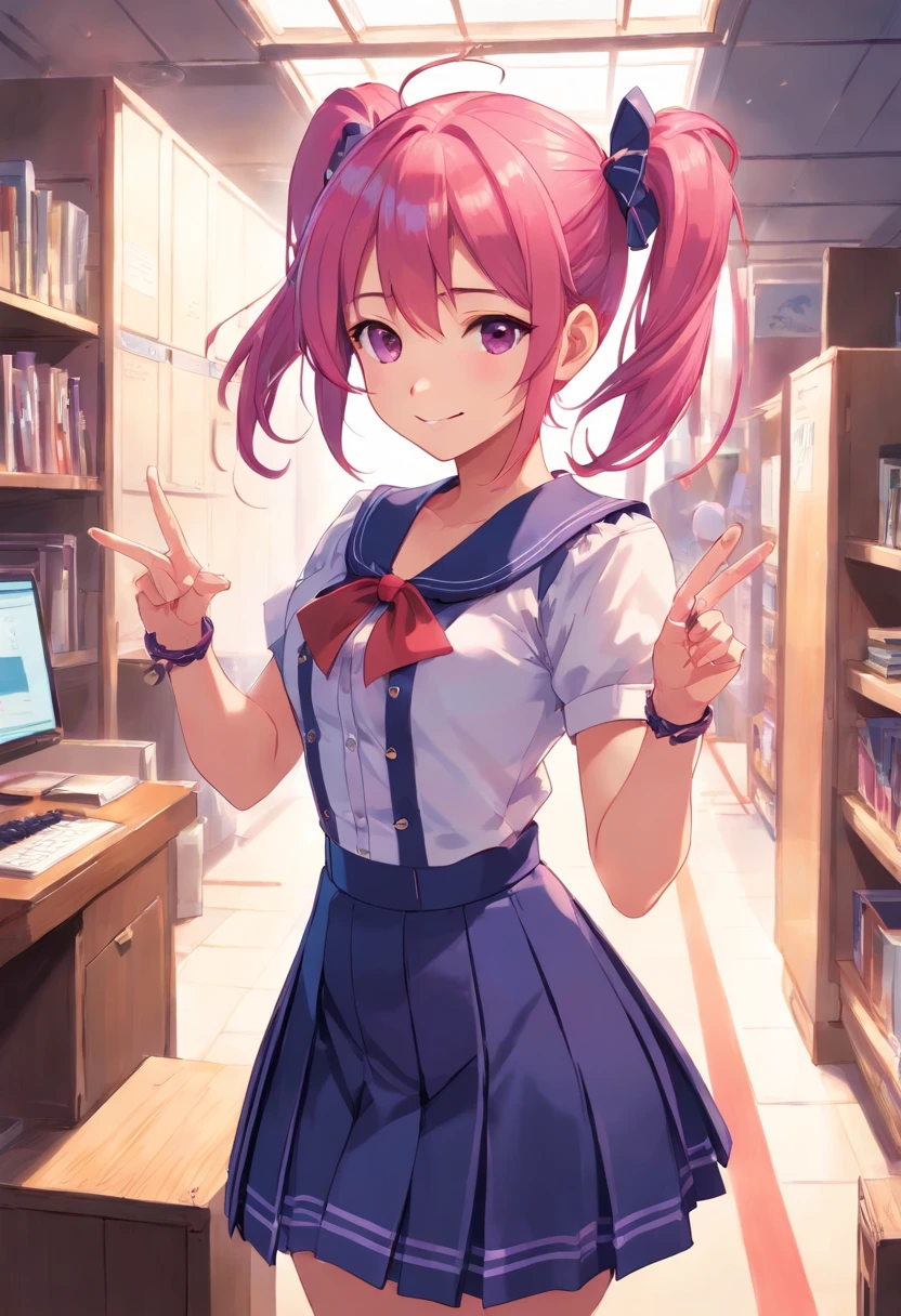 (((best quality))), 1girl, pink hair, purple inner hair, smile, twintails, box pleated skirt, miniskirt, short sleeve, magicalschool, red check dress, (corset), zettai ryouiki, pointing her bow, official art
