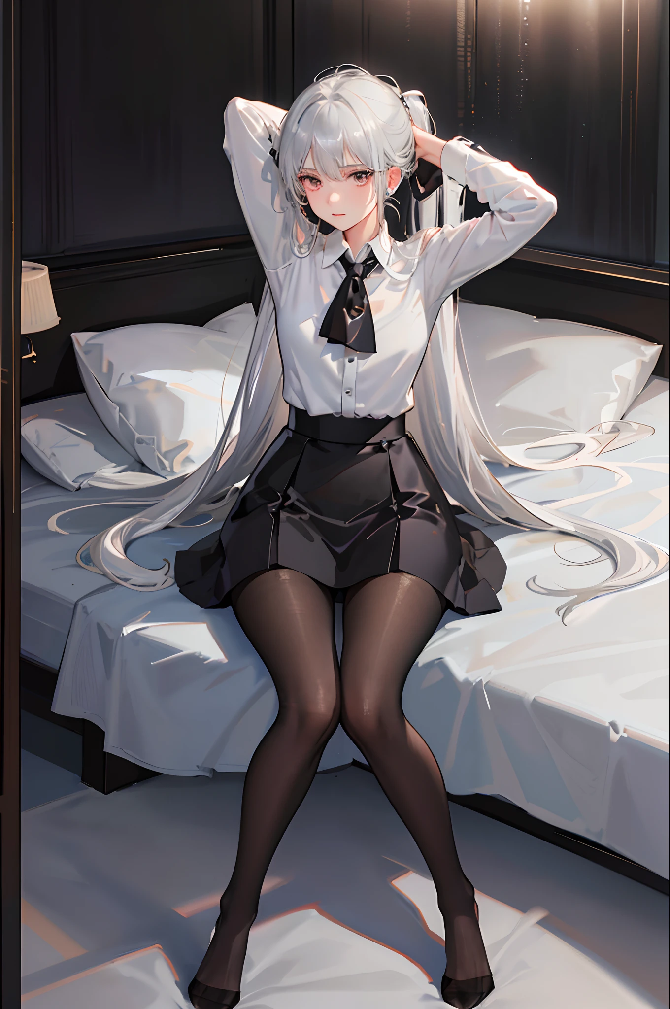 (((Anime Girl)),Ray Tracing,(Dim Lighting),[Detailed Background (Bedroom)),((Silver Hair)),((Silver Hair)),(((Fluffy Silver Hair, Plump and Slim Girl))) Avoiding Golden Eyes in the Ominous Bedroom ((((Girl Wearing White Shirt, Black Hundred Wrinkle Skirt with White Clear Stockings), showing a delicate and slender figure and graceful curves, correct limbs, lying on the bed with her hands hidden behind her head, Wear white high heels