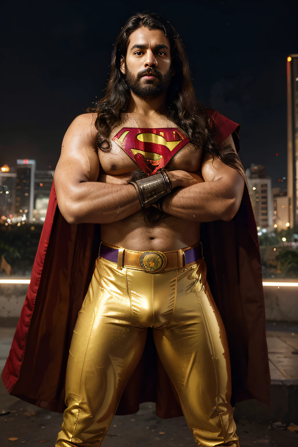 Indian Man in Shiny Tight Golden Latex Underwear, Bare Body, Medium Long curly Hair falling aside face, Beards, Red Cape, Superman Symbol Golden Belt, Big Dick, Bulky Physique, Standing, Crossed Arms, Hairy Body, Dark Semi-ruined Cyberpunk City in Background