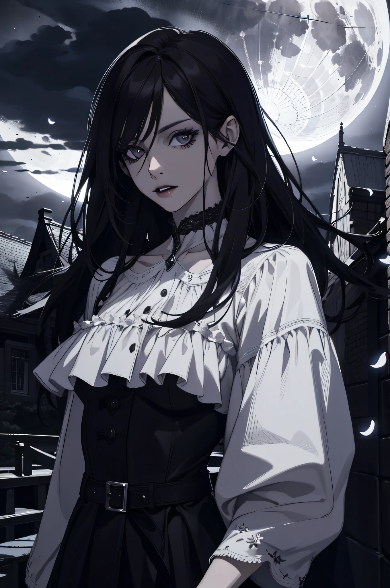 (absurdres, highres, ultra detailed), 1 woman, adult, beautiful, white girl, long dark hair, grey eyes, dark makeup, finely detailed eyes and detailed face, fantasy, night, dark theme, cinematic lighting, colorful, portrait , flying petal, cloudy sky, building, moon, light, dutch angle, cowboy shot, black clothes, dark theme, night, vampire