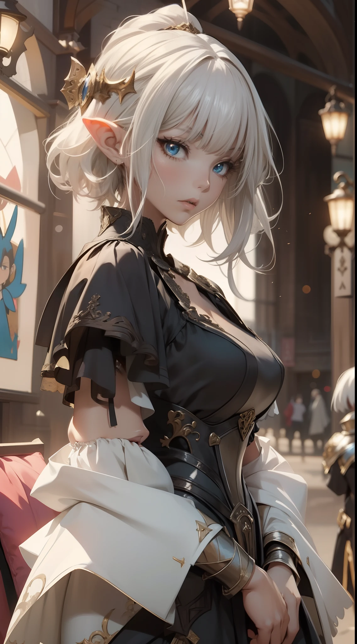 (((masterpiece, of the highest quality, super detailed))), (a witch belonging to an occult order of knights), (a knight crossed with a witch), Victorian era inspired, ((minimal but intricate beautiful armour)), Fluttering lace flared dress with frilly petticoats, ((nier automata meets bloodbourne)), ((((Highly detailed face))),  (big forhead:1.2), (((Very sharp focused eyes))), very long eyelashes, small breasts, (((flat chest:1.1))), occult aesthetic, (red and white clothing detailed and intricate steampunk and detailed gothic), (with a hood), complex lace boots,