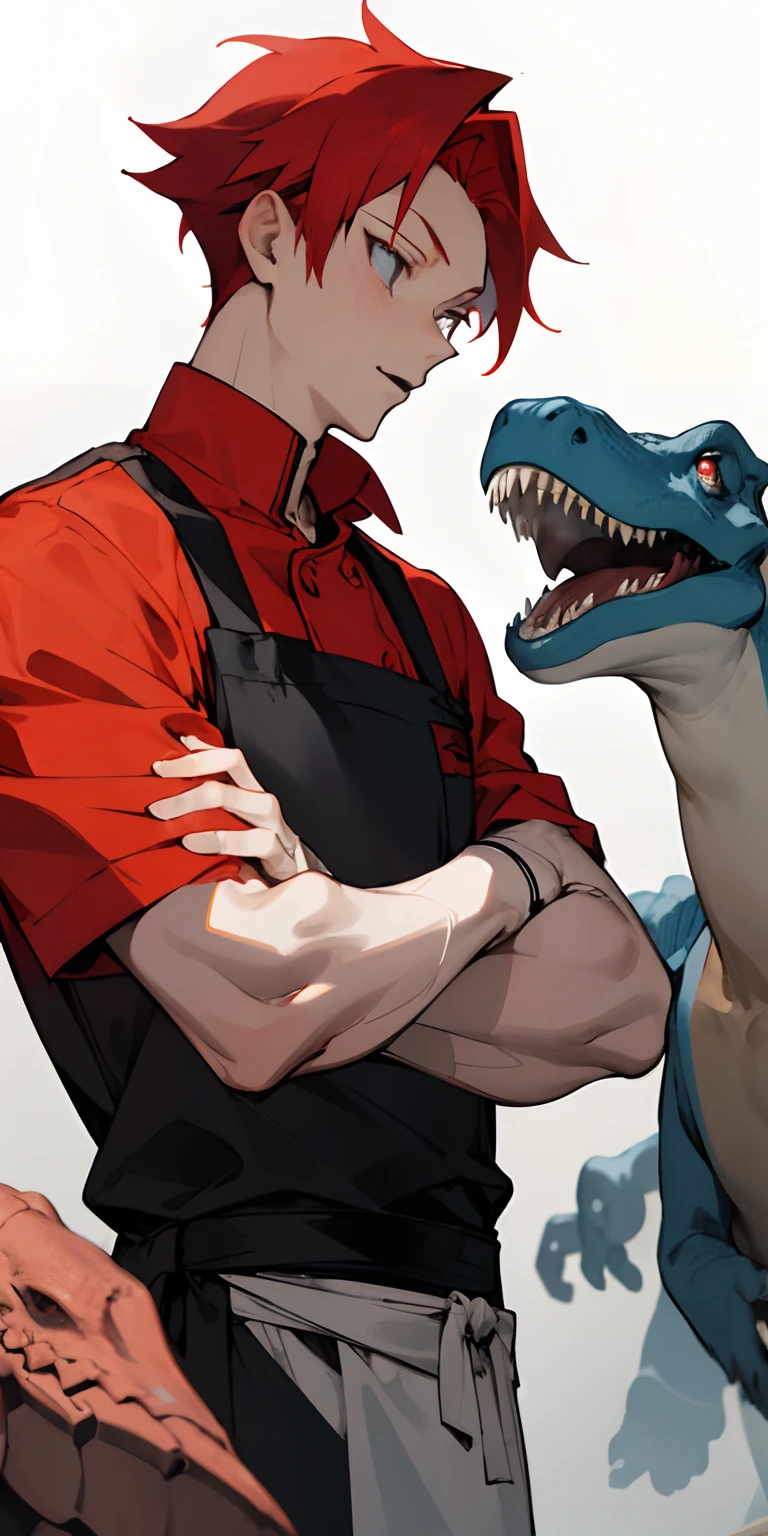 (chef-d'work, beste-Qualit), 1 boy with red hair and eyes surrounded by dinosaurs