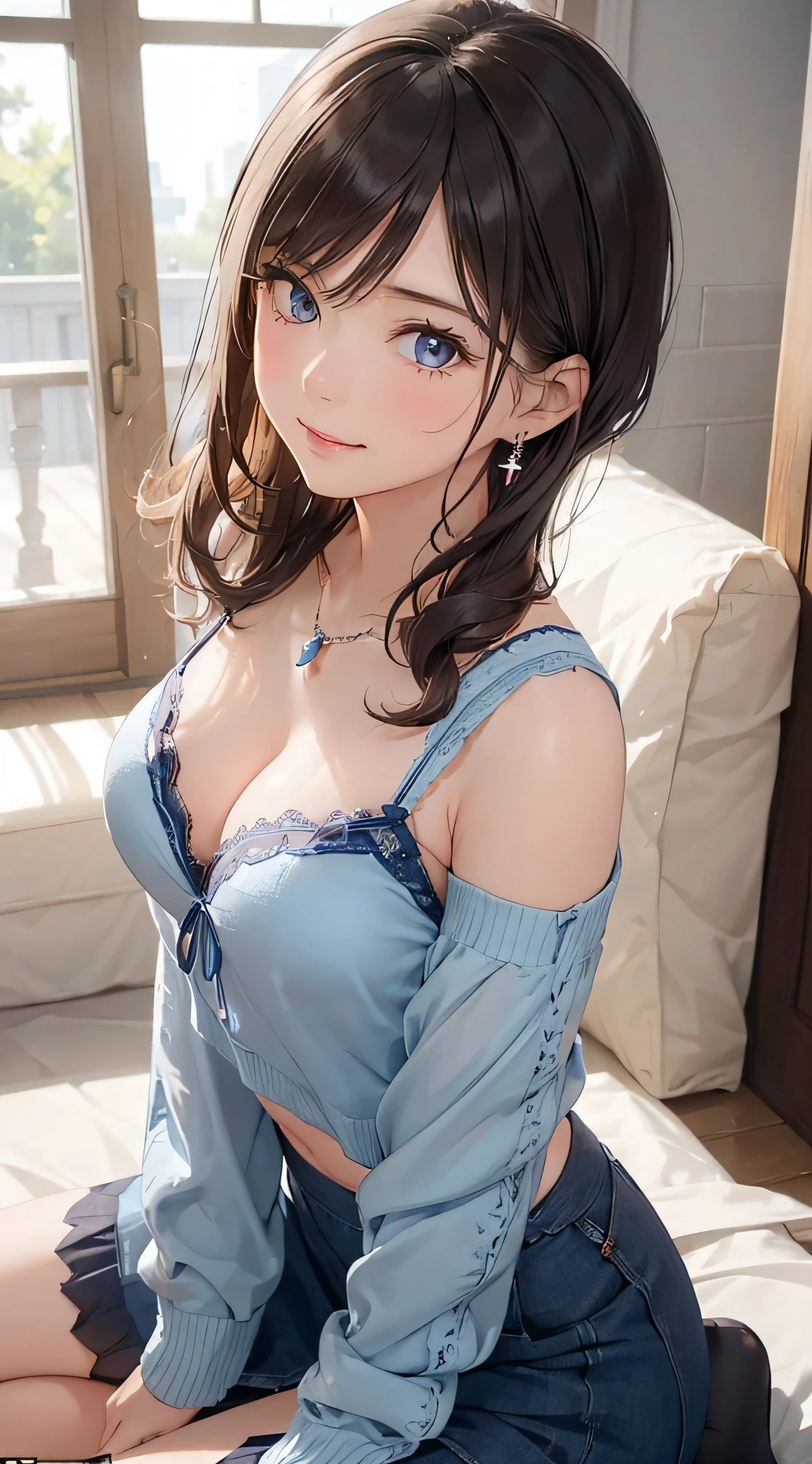(masutepiece: 1.3), (max resolution: 1.2), (Ultra HDTV: 1.2), cinematric light, Ultra HDTV, (Detailed eyes and skin), (detailed facial features), nffsw, 8K resolution, Sharp Focus: 1.2, Perfect Style, Beautiful face, Perfect body, acurate, Anatomically correct, Highly detailed face and skin texture, Detailed eyes, Dark-blue eyes, Double eyelids, Thin eyebrows, Glitter Eyeliner: 1.2, Natural cheeks, Glossy skin, Fair skin: 1.2, shiny little necklace and earrings, (Glossy lips: 1.4), BREAK, One-person viewpoint, (She is a very cute female teacher), (Light blue lace panties、Sexy lace bra), (Seductive smile: 1.2), ((a Innocent and cute girl:1.3)), (Long Wave Hair), (ligh brown hair:1.2), BREAK, ((Very intimate relationships: 1.2)), medium large breasts, ((Looking at Viewer:1.2)), ((Sofa in the women's room:1.2)), ((Bend your knees and open your legs wide:1.2)), (From Side:1.2),low angle shot,FULL BODYSHOT Tight sweater with long sleeves Tight jeans mini skirt Embarrassed look Kamimei all-fours