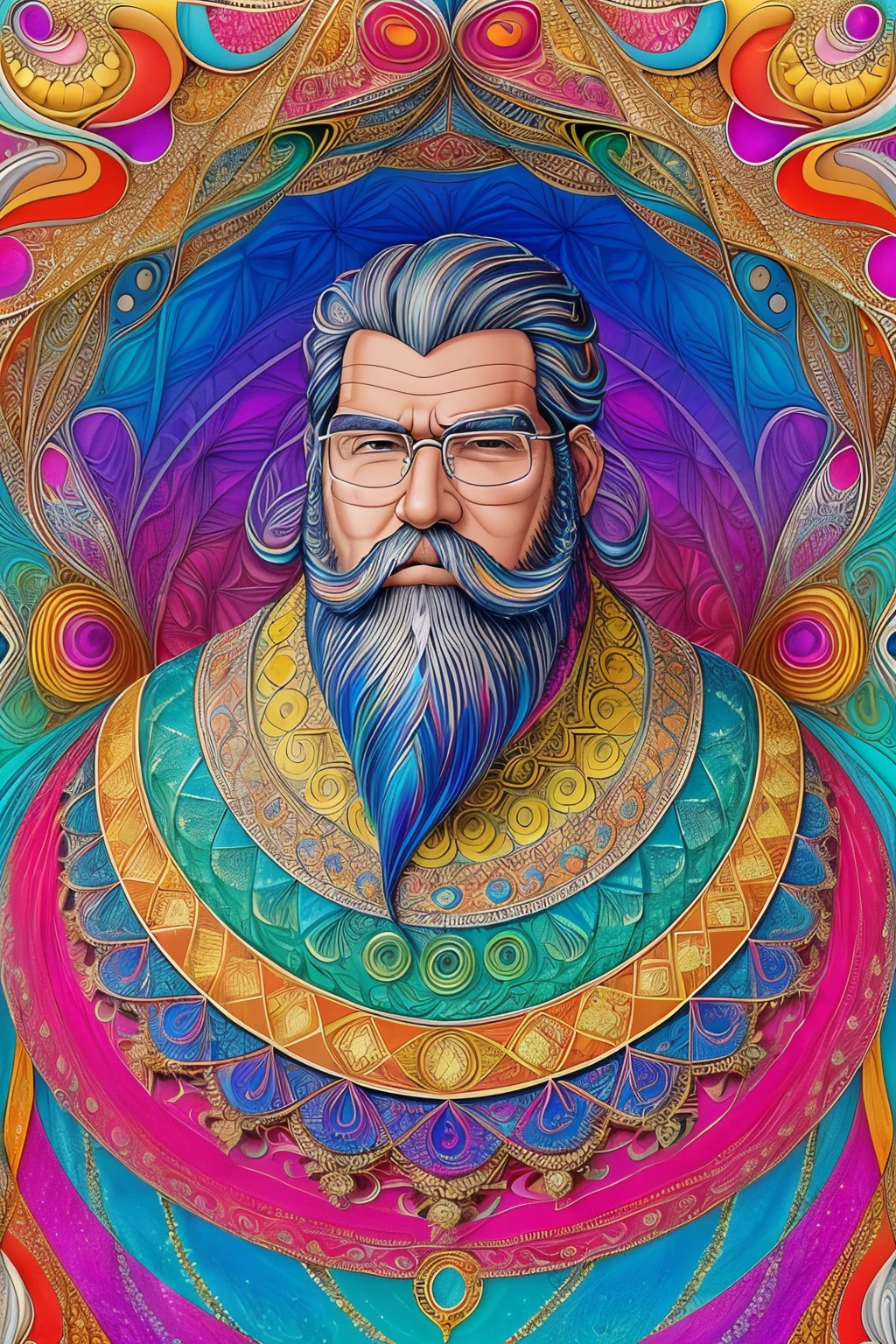 (masterpiece, top quality, best quality, official art, beautiful and aesthetic:1.2), (1man with white beard:1.3), extremely detailed, (fractal art:1.2), colorful, highest detailed, (zentangle:1.2), (dynamic pose), (abstract background:1.5), (treditional dress:1.2), (shiny skin), (many colors:1.4), upper body