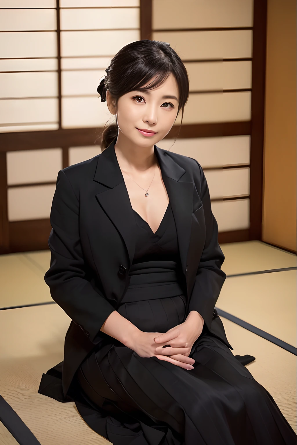((1人の女性,The most beautiful faces in Japan,40 years,Old face,A MILF,There are wrinkles at the corners of the eyes,Pregnancy,Big belly,Perfect gas chamber,Shot up close,Looking at the camera,View here)),((((Black shirt,Black suit jacket,Black skirt,Black mourning clothes)))),((pearls necklace,Classy hairstyle,natural make up,The chest is very bulging,Smile here,Lowered eyebrows,drooping eyebrows,Staring at them with an adorable expression,Sitting in a Japanese-style room,Japanese-style tatami room,shoji,,Seowon Building,Sitting on a cushion in a room in Japan,Looking at the camera,look at a camera,Take a photo above from your lap)),((Turn to this,View here,Perfect fingers,perfect arms,细致背景,top-quality,The ultra -The high-definition,Perfect Anatomy,high-definition RAW color photography,professional photograpy, extremely delicate and beautiful, Extremely detailed,finely detail, Huge file size,Top image quality,8K,Award-Winning Works,masutepiece))