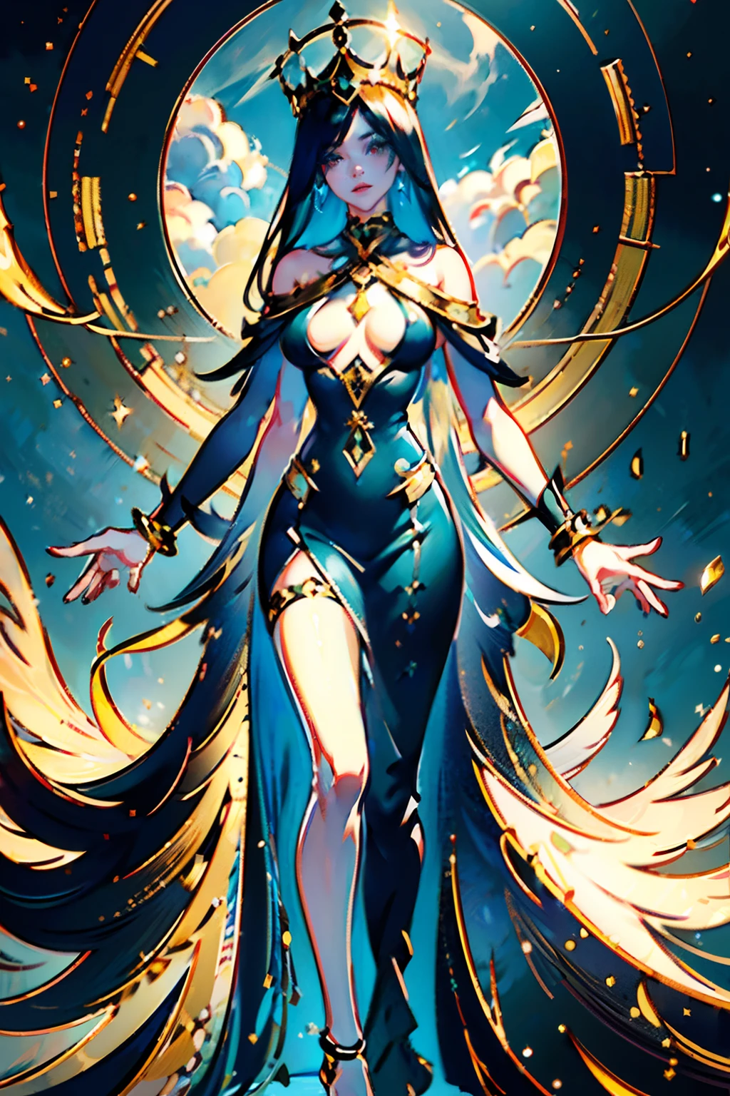 (concept art), masterpiece, best quality, photorealistic, 8k raw photo, a portrait half-body photograph by Tom Bagshaw, tarot card style, [:(detailed face:1.2):0.2], absurdres iris textures, facing viewer, cowboy shot, (photorealistic:1.5), perfect body, 
a beautiful girl pureerosface_v1, smiling, ankle high heels, wearing transparent black off_shoulder_bandage_dress with gold ornaments and crown, necklace, armband, navel ring, transparent heavy lace cloak made of swan feathers, big boobs, green eyes, long legs, long green hair, rim lighting, lying on bed inside, blue sky, clouds, sun, DarkFantasy, tarot card