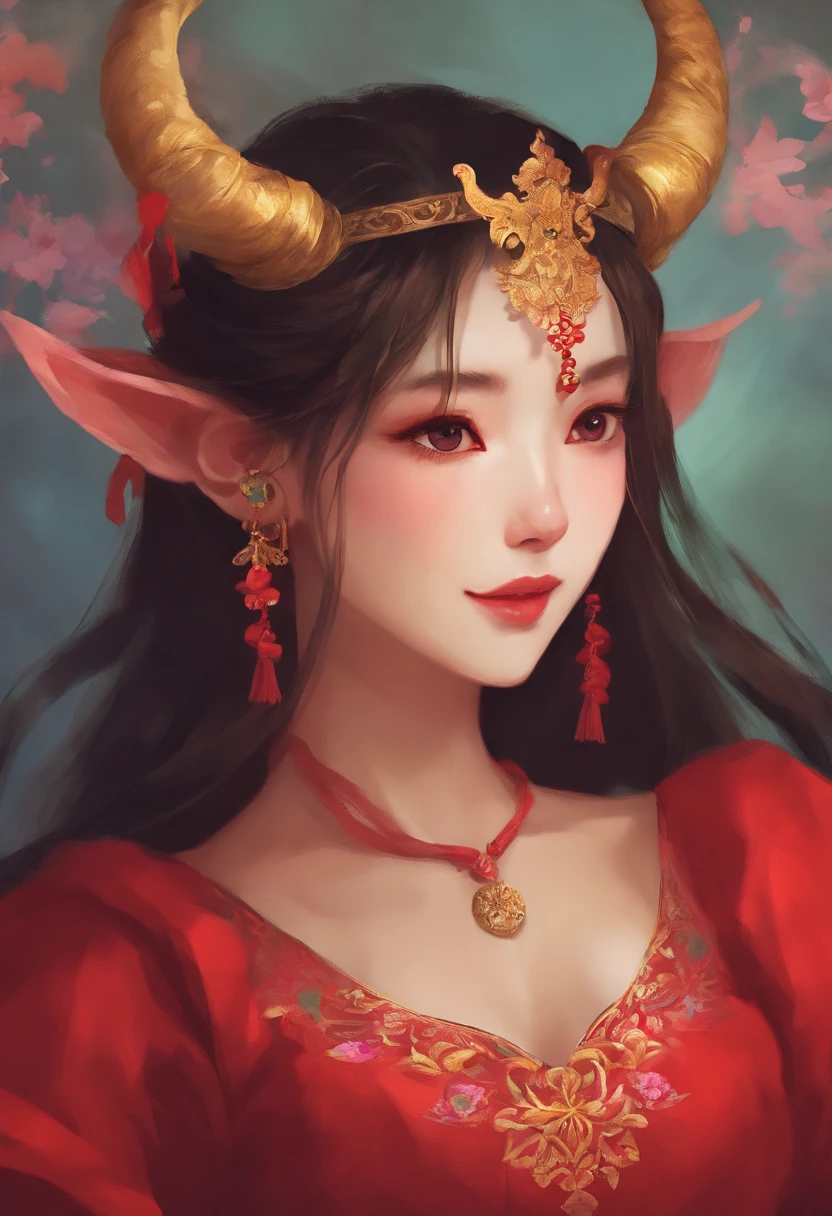 there is a woman in a red dress with horns on her head, inspired by Pu Hua, wearing a red cheongsam, inspired by Ma Yuanyu, cheongsam, asian hyperdetailed, inspired by Lan Ying, inspired by Ai Xuan, china doll face, inspired by Lü Ji, guweiz, portrait c 12.0