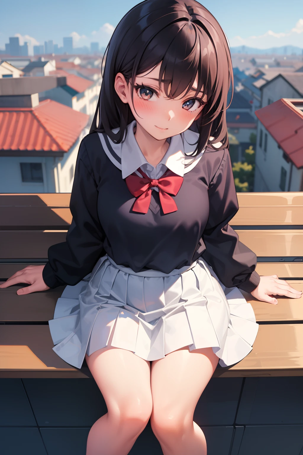 (masterpiece, best quality),
1girl, sitting, (hugging own knees:1.3), looking at viewer, head tilt, lower body,  focus,
break girl, school uniform, serafuku, long sleeves, black skirt, lift skart,blue and white striped panties, cameltoe, brown hair, twintails, grey eyes, grin, blush, bare shin
break background myroom, couch,(show off petite:1.5),(low view)