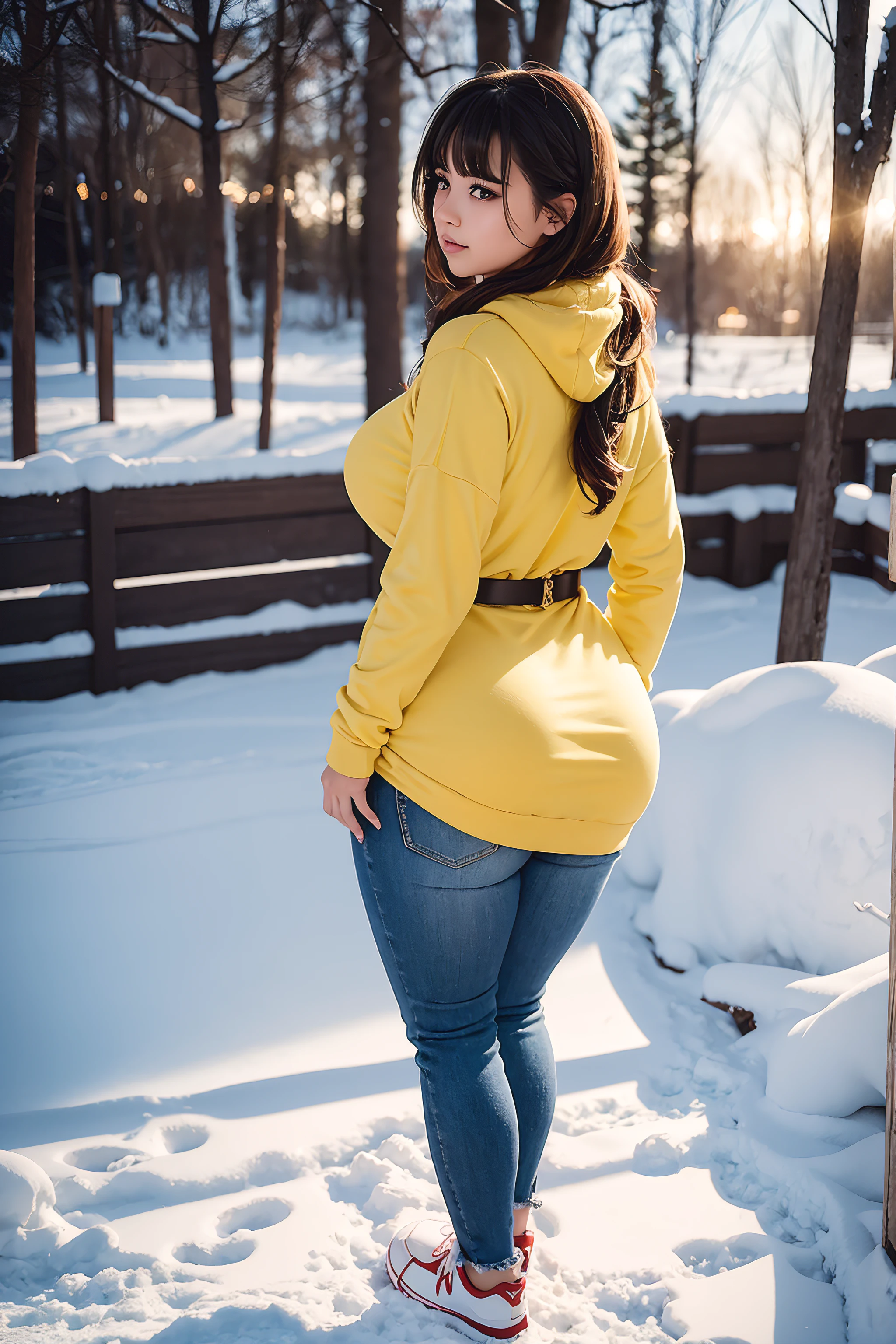 Beautiful sensual woman with a curvy body, long hair, bangs, french braid, wide waist, fitting breasts, curvy accentuated booty, sparkling eyes, long eyelashes, Strong calves, shy Look, taniaayusiregar, yellow hoodie, jeans, belt, red sneakers, standing in a snowy park, evening in Winter, photorealistic, Masterpiece, bokeh, Volumetric lighting, winter season atmosphere, full body shot from the back