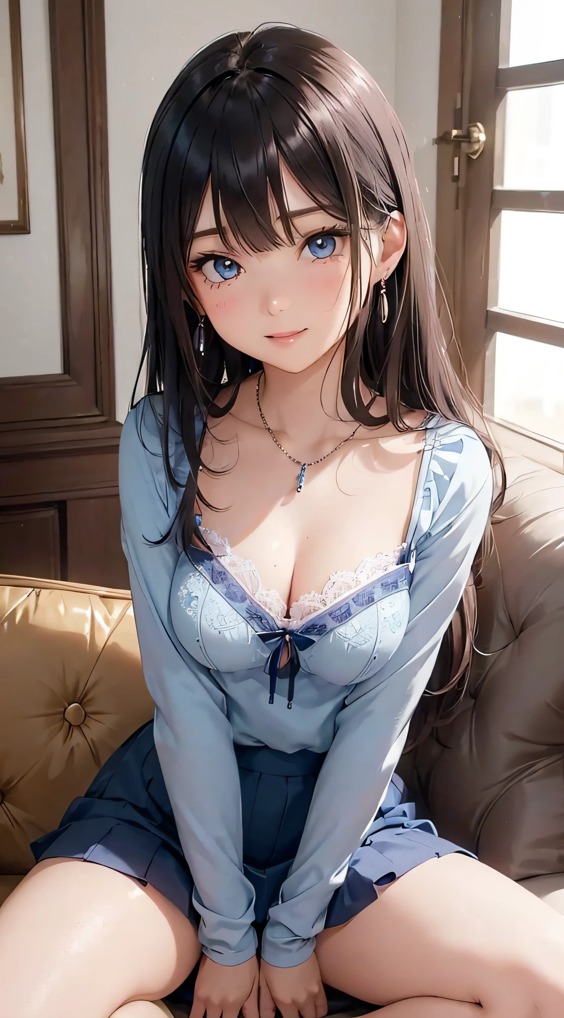 (masutepiece: 1.3), (max resolution: 1.2), (Ultra HDTV: 1.2), cinematric light, Ultra HDTV, (Detailed eyes and skin), (detailed facial features), nffsw, 8K resolution, Sharp Focus: 1.2, Perfect Style, Beautiful face, Perfect body, acurate, Anatomically correct, Highly detailed face and skin texture, Detailed eyes, Dark-blue eyes, Double eyelids, Thin eyebrows, Glitter Eyeliner: 1.2, Natural cheeks, Glossy skin, Fair skin: 1.2, shiny little necklace and earrings, (Glossy lips: 1.4), BREAK, One-person viewpoint, (She is a very cute female teacher), (Light blue lace panties、Sexy lace bra), (Seductive smile: 1.2), ((a Innocent and cute girl:1.3)), (Long Wave Hair), (ligh brown hair:1.2), BREAK, ((Very intimate relationships: 1.2)), medium large breasts, ((Looking at Viewer:1.2)), ((Sofa in the women's room:1.2)), ((Bend your knees and open your legs wide:1.2)), (From Side:1.2),low angle shot,FULL BODYSHOT Tight sweater with long sleeves Tight jeans mini skirt Embarrassed look Kamimei all-fours