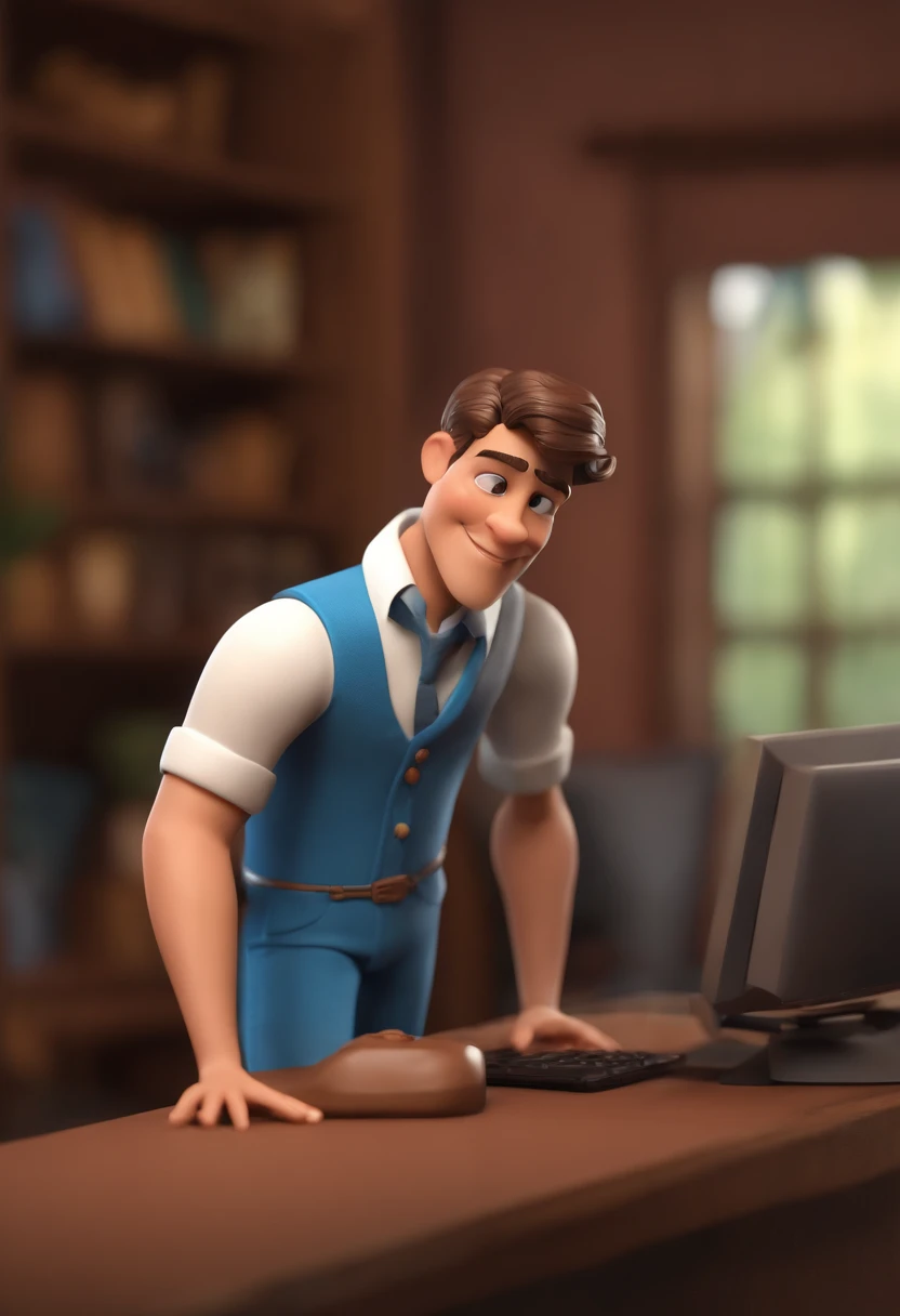 Personagem de desenho animado de um homem de 29 anos e uma camisa azul, um personagem animado, Caractere estilizado, animation style rendering, 3D estilizado, Arnold Maya render, 3 d render stylized, toon render keyshot, Personagem 3D, Personagem 3D, 3d rendering stylized, 3 d character render, personagem de desenho animado, Personagem de close up, Pose de personagem, (Estilo Pixar) (master part:1.2) (Bokeh) (best quality) (pele detalhada) (textura detalhada) (8k) (argila) (Cinematic lighting) (foco nítido，Senta e vaza a parte superior do corpo