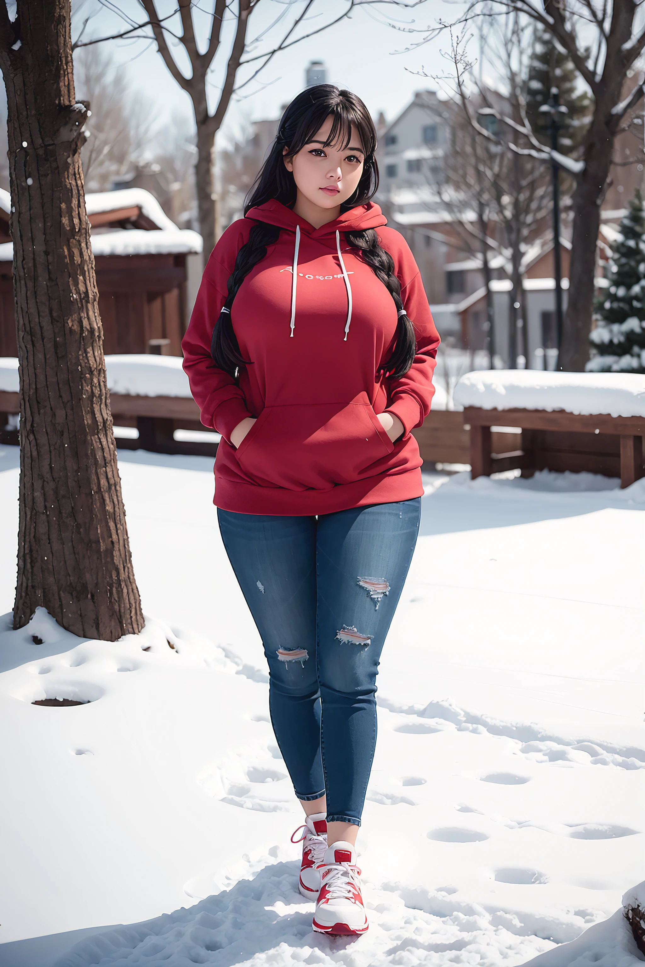 Beautiful sensual woman with a curvy body, long hair, bangs, french braid, wide waist, fitting breasts, curvy accentuated booty, sparkling eyes, long eyelashes, Strong calves, shy Look, taniaayusiregar, red hoodie, jeans, belt, yellow sneakers, standing in a snowy park, evening in Winter, photorealistic, Masterpiece, bokeh, Volumetric lighting, winter season atmosphere, full body shot