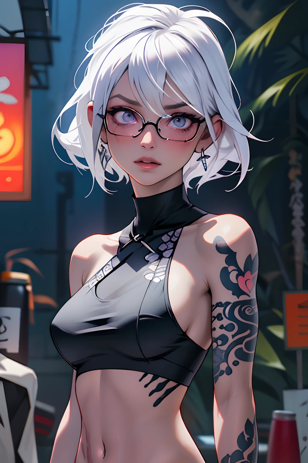 ((One lady)), nightclubs, neons, Moody lighting, nffsw, High Details, High Details, super detailing, superfine illustration, 16 K, odd eye,Guibli, white  hair, maikurobikini, Plain nude,nude,nipple, (Bikini with less fabric)), big eye, long eyeslashes, very long eyelashes, Ethnic tattoos, (Tattoos covering the whole body), ((A lot of tattoos)), Chest Tattoo, arm tatoo, flat breast、Glossy skin、a navel、finger tattoo、(Tattoos all over the chest)、Beautiful features、Neutral facial features、(shorth hair)、wine glasses、wine bottle