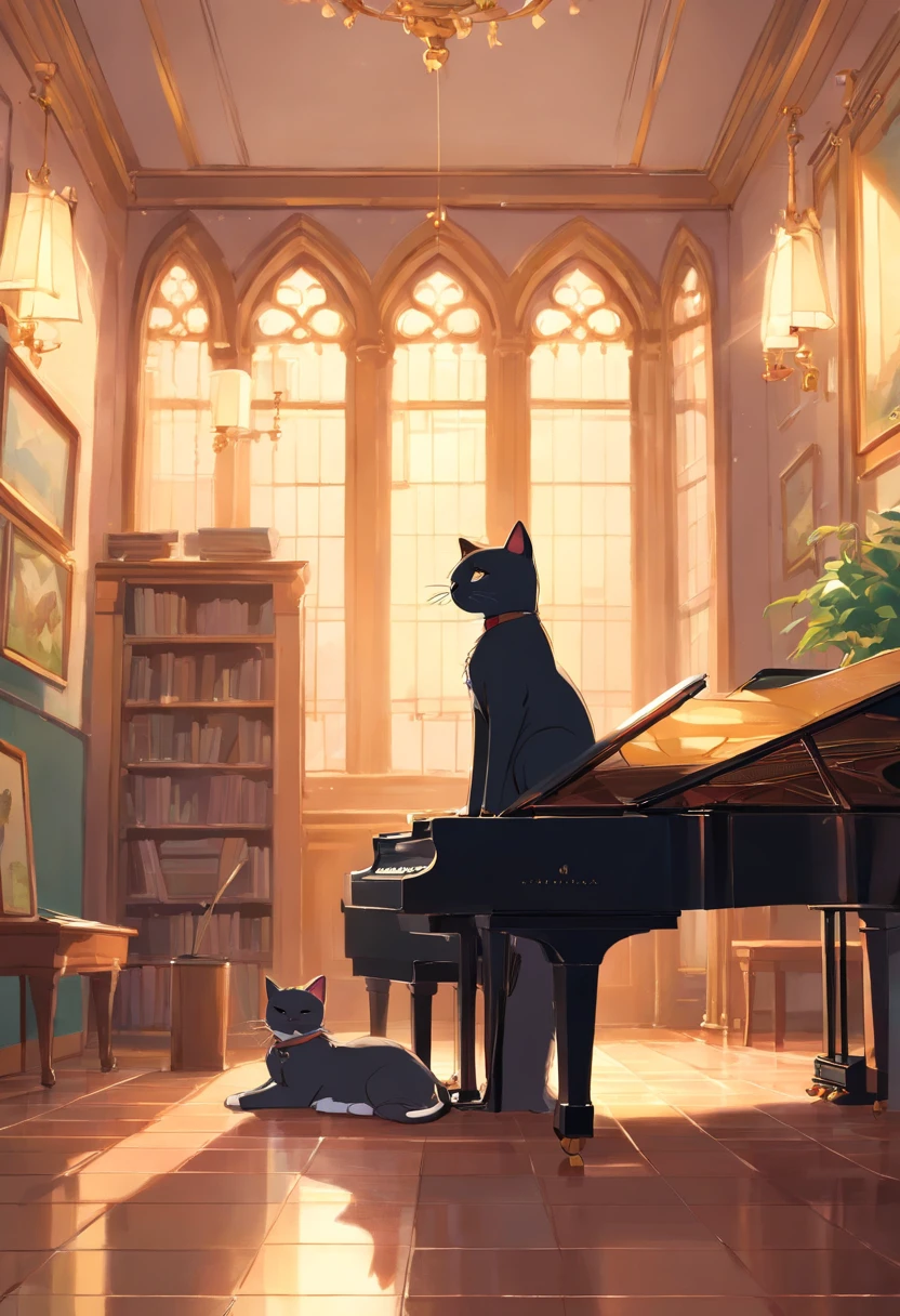 Named「Elegant cat sir』of cats standing in the music room，background
It is a classical instrumental music，It wears an elegant little black gown，He was playing the piano gently，Exudes a noble and elegant temperament。