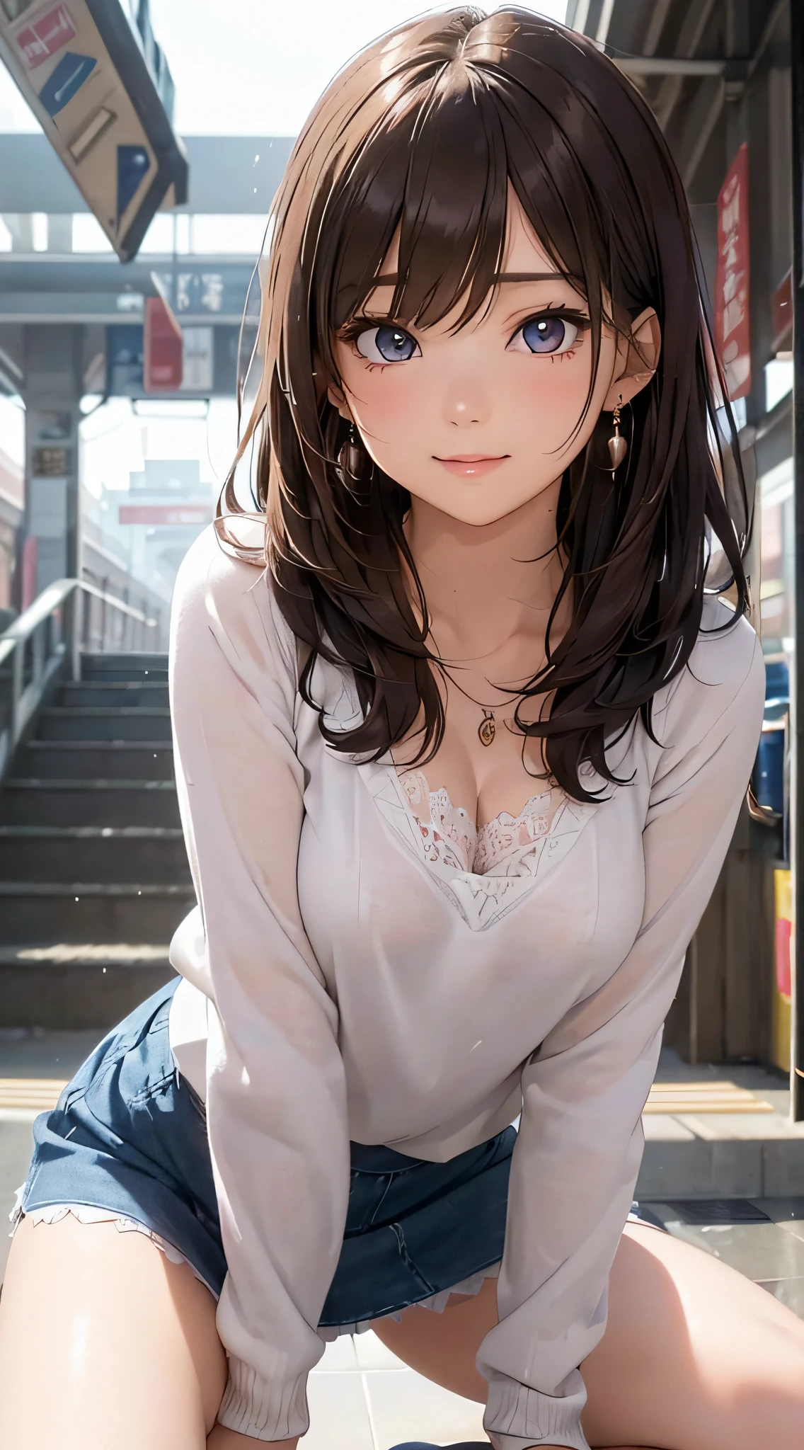 (Masterpiece:1.5, Highest quality, Realistic:1.2), Beautiful illustrations, (Natural Side Lighting, Cinema Lighting), , View your viewers, 1 person, Japanese, Beautiful adult woman:24-years-old, Perfect Face, Cute and symmetrical face, Glowing Skin, (Long Hair:1.5, Straight hair:1.4, Light brown hair), Blunt bangs, Swept-apart bangs, Big eyes, Droopy eyes, Purple eyes, Long eyelashes, (Medium chest), thin, Beautiful Hair, Beautiful Face, Beautiful attention to detail, Beautiful clavicle, Beautiful body,Beautiful thighs, Beautiful feet, Beautiful fingers, ((Off-the-shoulder knit、1 handbag、Diamond Necklace、mini skirt、Fishnet tights)), smile,, Beautiful views, evening, (Outdoor:On a large bridge:Street lamp),, Are standing, (かわいらしいsmile, Upward glance),