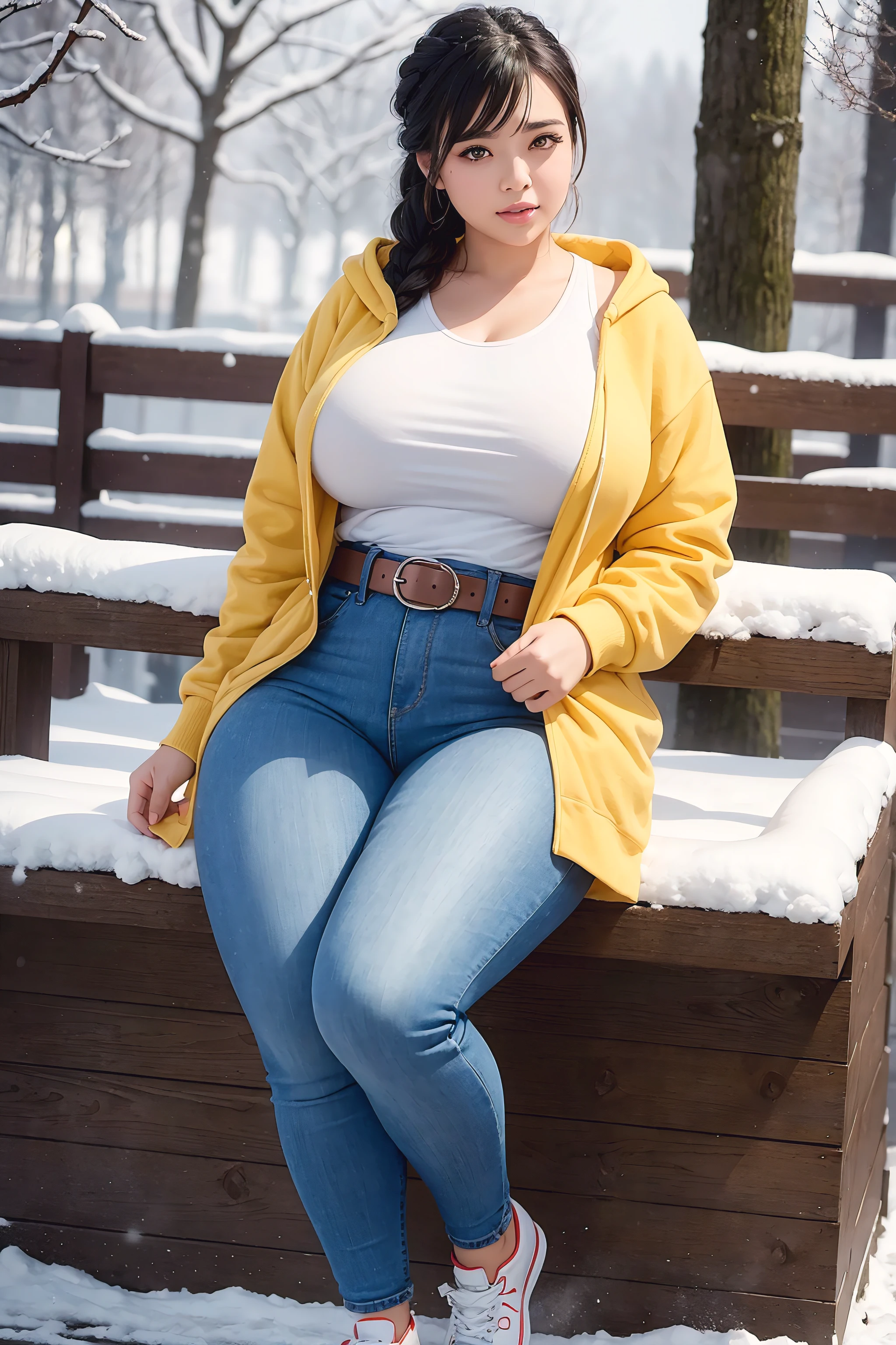 Beautiful sensual woman with a curvy body, long hair, bangs, french braid, wide waist, fitting breasts, curvy accentuated booty, sparkling eyes, long eyelashes, Strong calves, shy Look, taniaayusiregar, red hoodie, jeans, belt, yellow sneakers, chilling in a snowy park, evening in Winter, photorealistic, Masterpiece, bokeh, Volumetric lighting, winter season atmosphere, full body shot