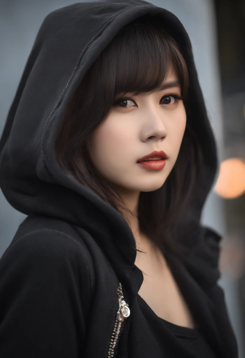 1 young Japan woman、Japan Pop Singers、Cute eyes like a cat、Hairstyle is short、Passionately sing rock、Sing in front of a large audience、Wear a black sleeveless hoodie、Wear shiny long pants in a tight silver color、dignified expression、Composition of close-up of the upper body