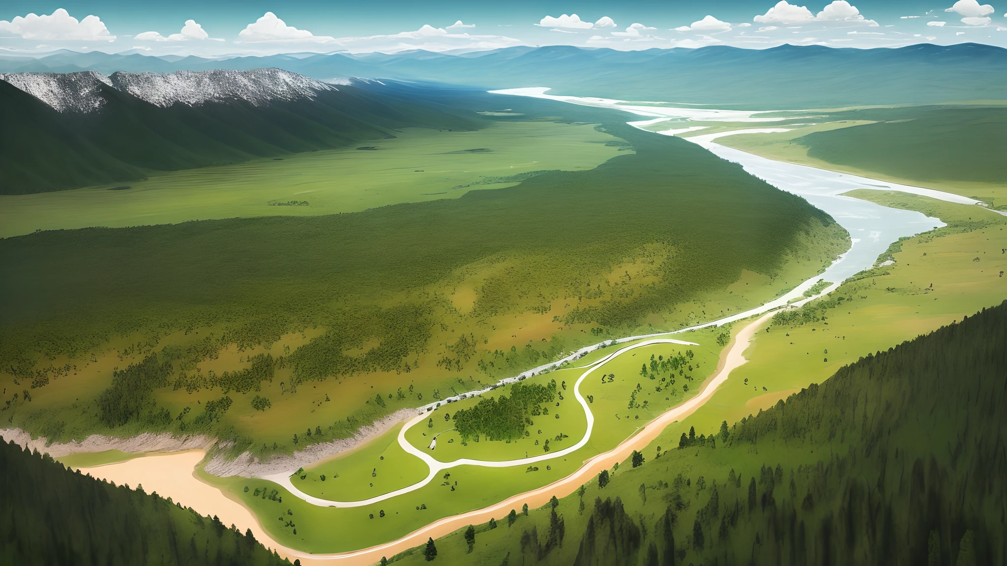 A map of a territory with no buildings including mountains, a prairie, a pine forest, and an oak forest. Where the prairie is separated by a river flowing down from the mountains