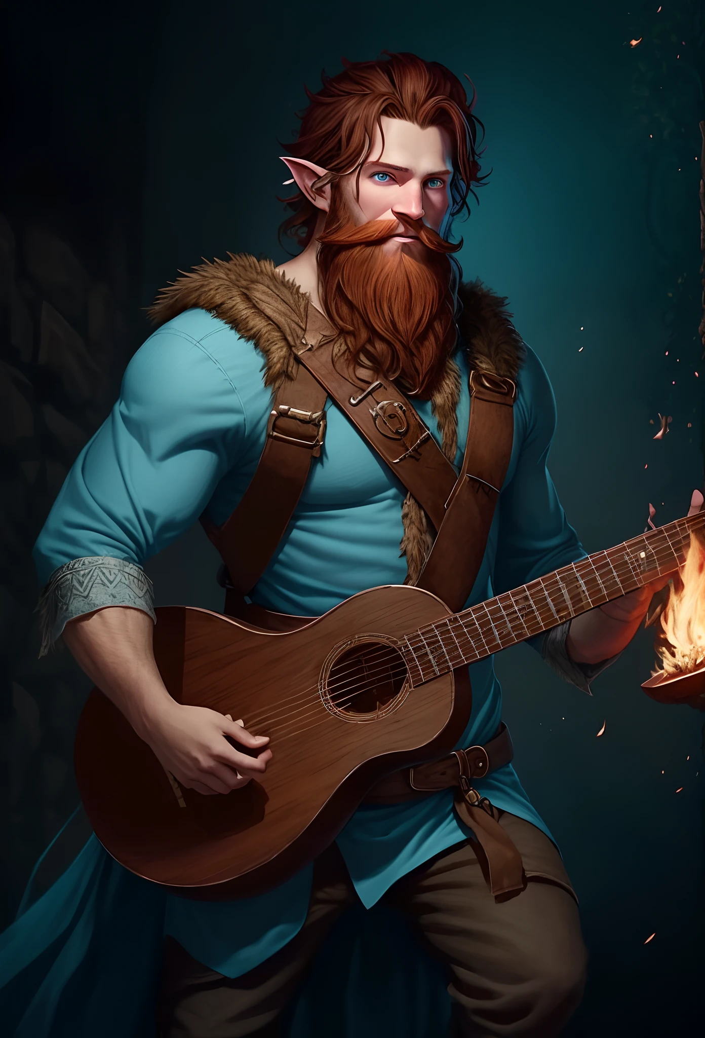 DND Firebolg Race
Pale Blue Skin
Brown , Curly Hair that connects to a styled , long beard
Big Nose 
Playing a Lute