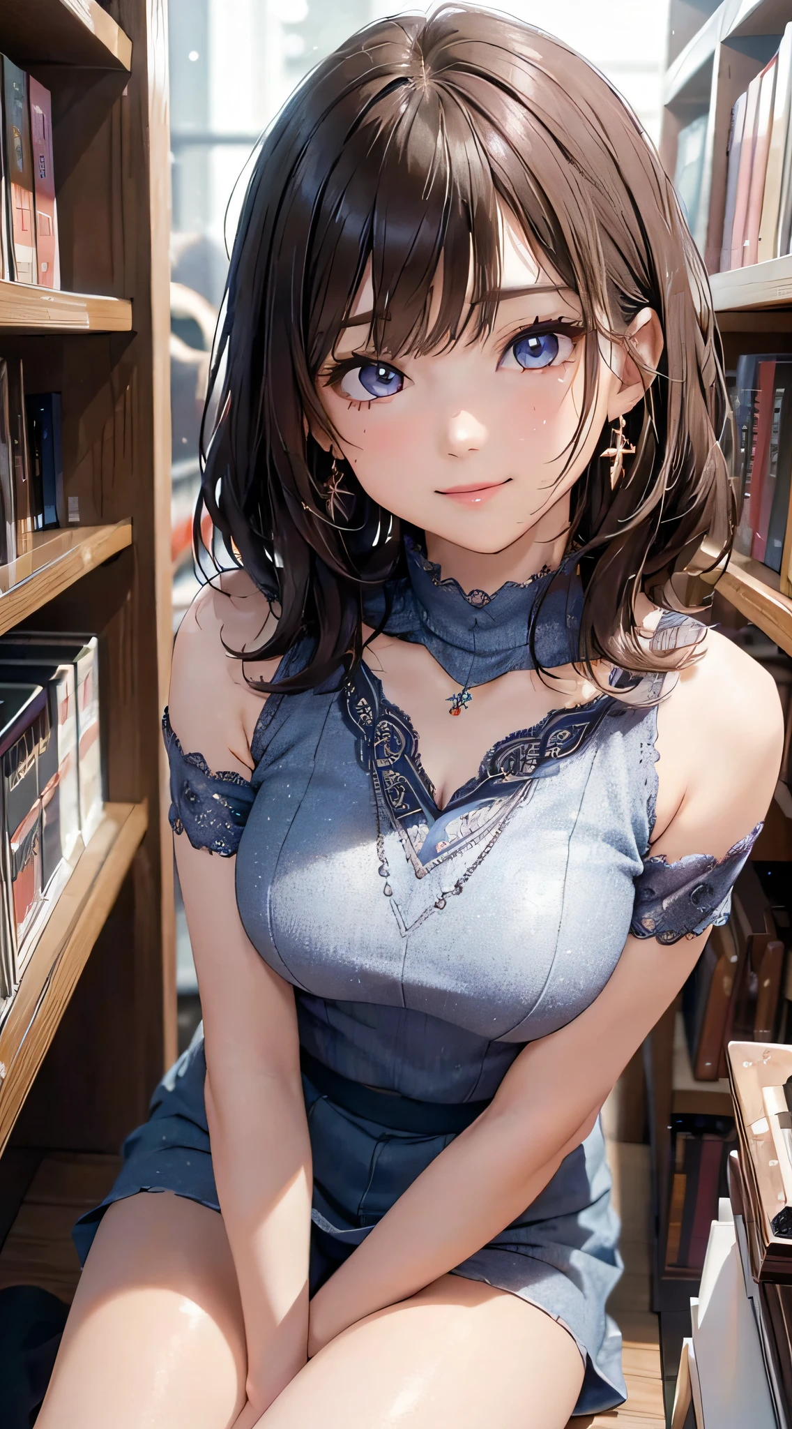 (masutepiece: 1.3), (max resolution: 1.2), (Ultra HDTV: 1.2), cinematric light, Ultra HDTV, (Detailed eyes and skin), (detailed facial features), nffsw, 8K resolution, Sharp Focus: 1.2, Perfect Style, Beautiful face, Perfect body, acurate, Anatomically correct, Highly detailed face and skin texture, Detailed eyes, Dark-blue eyes, Double eyelids, Thin eyebrows, Glitter Eyeliner: 1.2, Natural cheeks, Glossy skin, Fair skin: 1.2, shiny little necklace and earrings, (Glossy lips: 1.4), BREAK, One-person viewpoint, (She is a very cute female teacher), (Sexy pink lace panties), (Seductive smile: 1.2), ((a Innocent and cute girl:1.3)), (Long Wave Hair), (ligh brown hair:1.2), , BREAK, ((Very intimate relationships: 1.2)), medium large breasts, ((Looking at Viewer:1.2)), ((Library 1.2)), ((Bend your knees and open your legs wide:1.2)), (From Side:1.2),low angle shot,Off-the-shoulder sweaters Tight jeans mini skirt Embarrassed look Kamimei