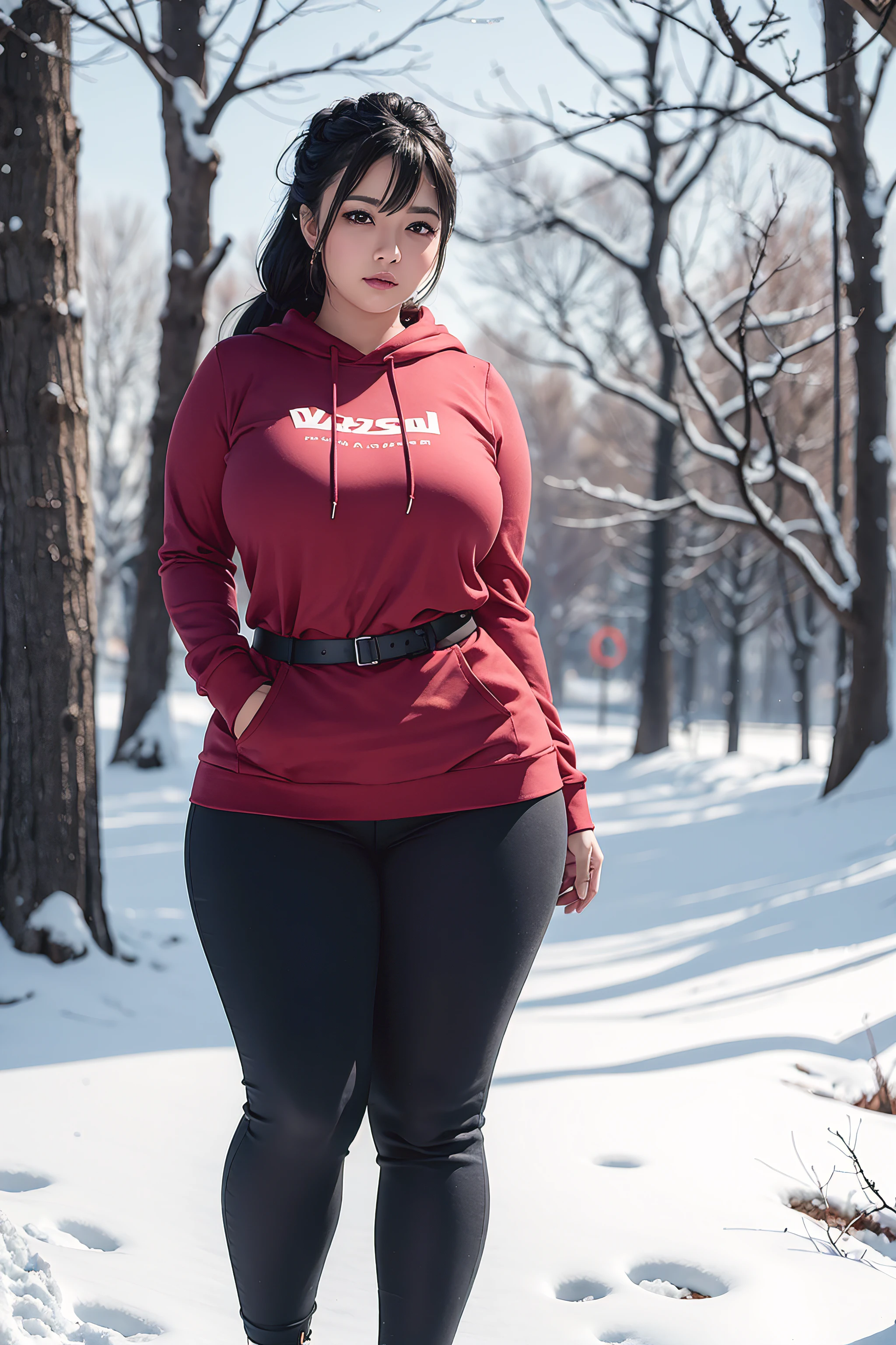 Beautiful sensual woman with a curvy body, long hair, bangs, french braid, wide waist, fitting breasts, curvy accentuated booty, sparkling eyes, long eyelashes, Strong calves, shy Look, taniaayusiregar, hoodie, tight Black trousers, red belt, black sneakers, chilling in a snowy park, evening in Winter, photorealistic, Masterpiece, bokeh, Volumetric lighting, winter season atmosphere