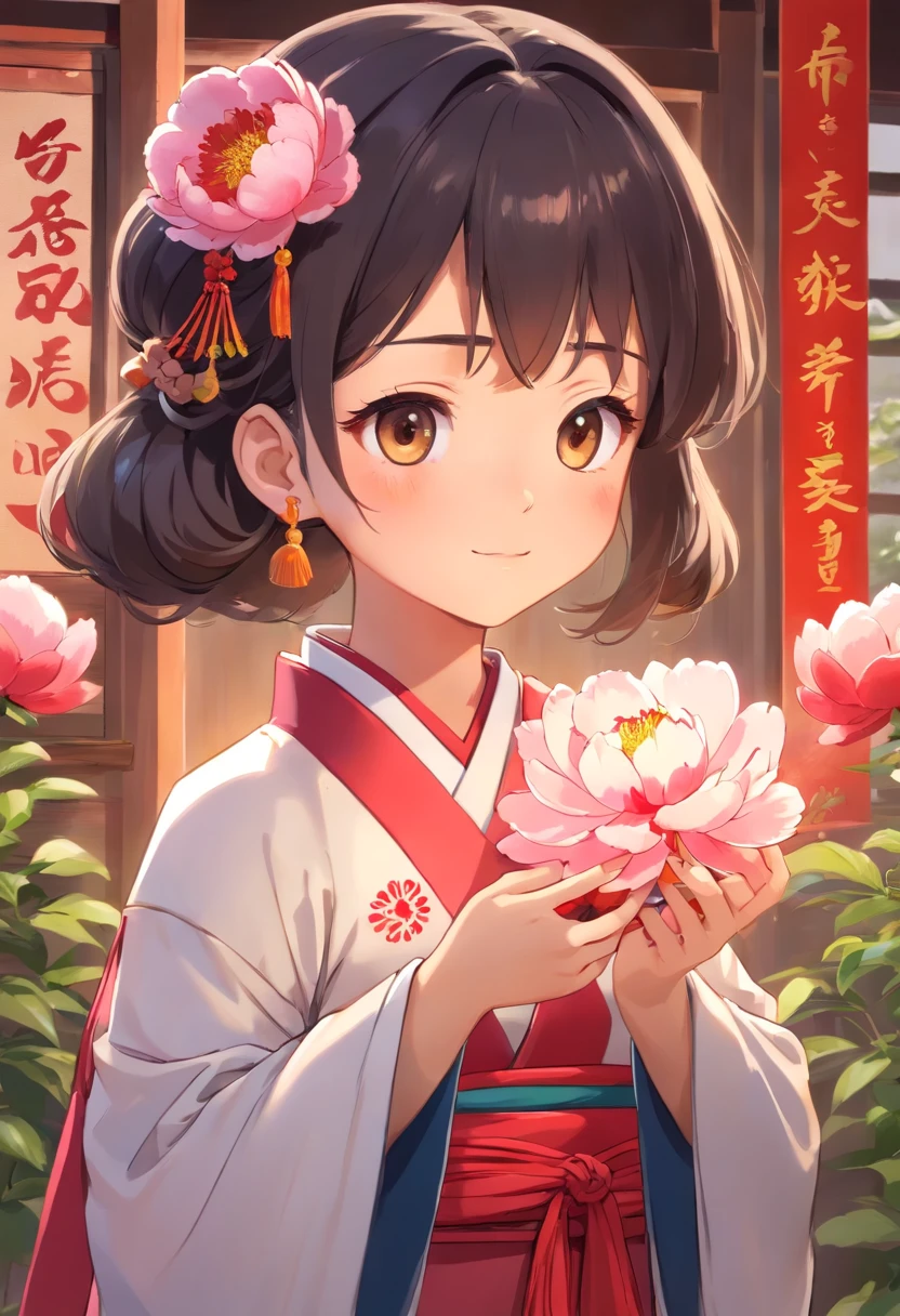 Design a cute cartoon character,Wearing Hanfu and peony ornaments,It embodies the traditional cultural characteristics of Luoyang City,The image should be sunny、cheerful、vivaciousness,Able to win the love and recognition of teenagers