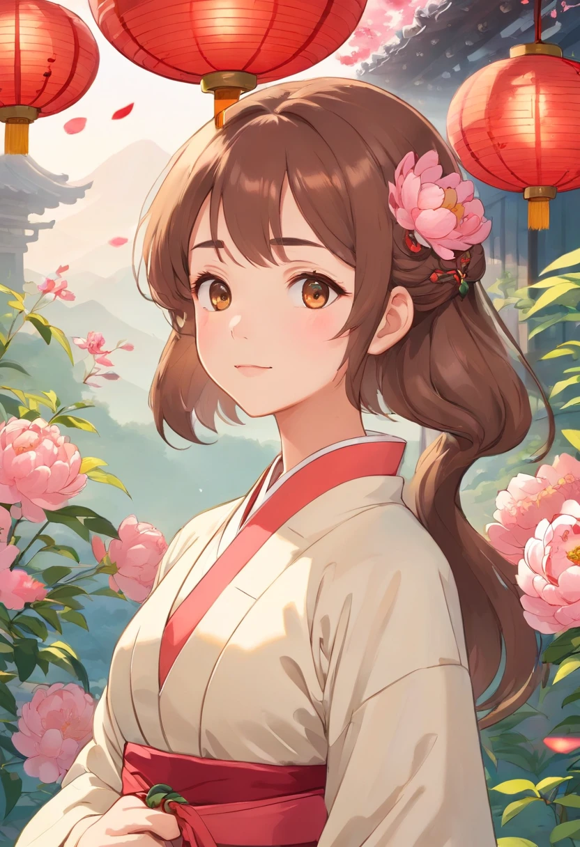 Design a cute cartoon character，Wearing Hanfu and peony ornaments，It embodies the traditional cultural characteristics of Luoyang City，The image should be sunny、cheerful、vivaciousness，Able to win the love and recognition of agers