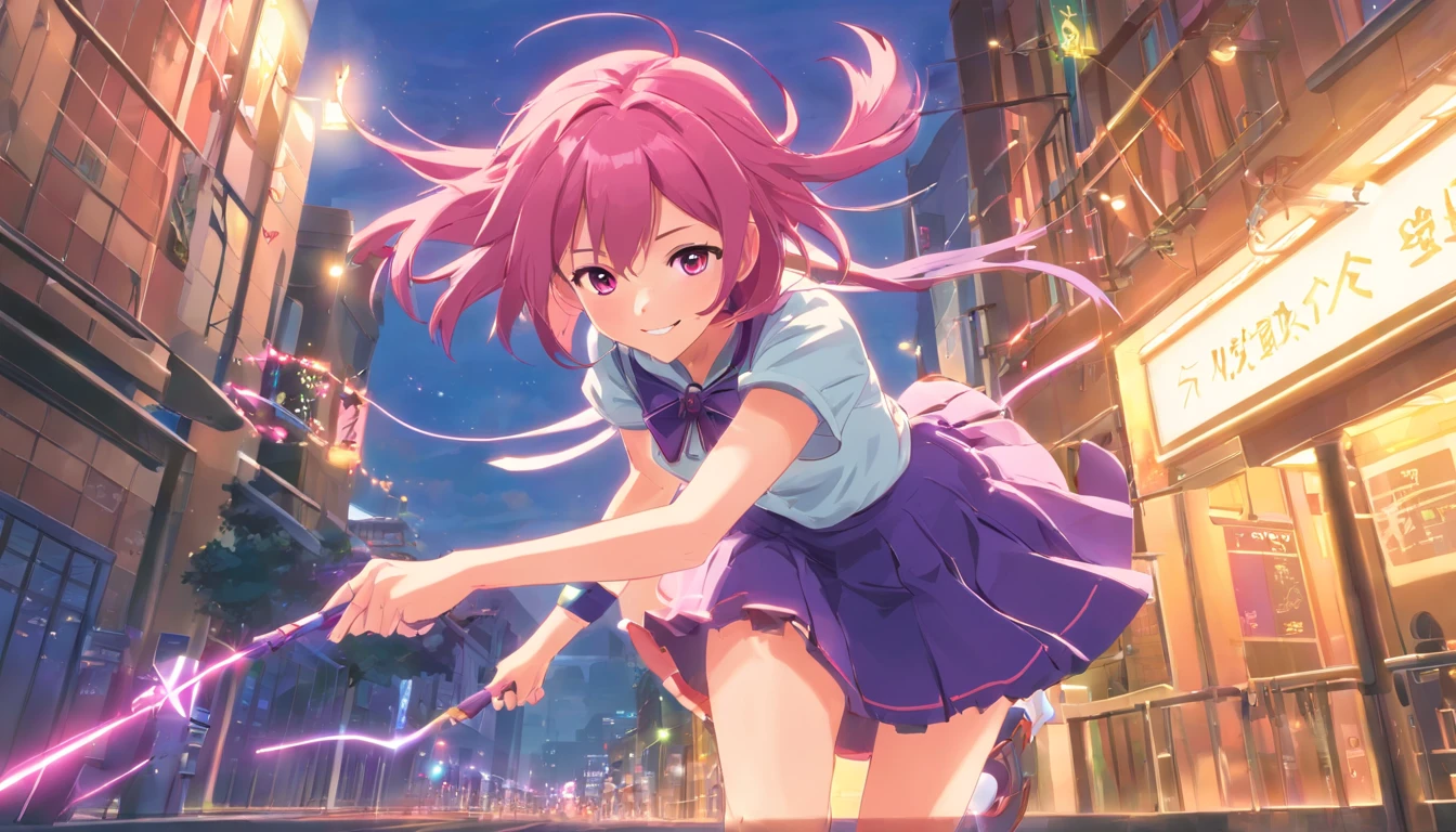 (((best quality))), 1girl, pink hair, purple inner hair, smile, twintails, box pleated skirt, miniskirt, short sleeve, magicalschool, red check dress, (corset), knee socks, pointing her bow, dynamic pose, official art