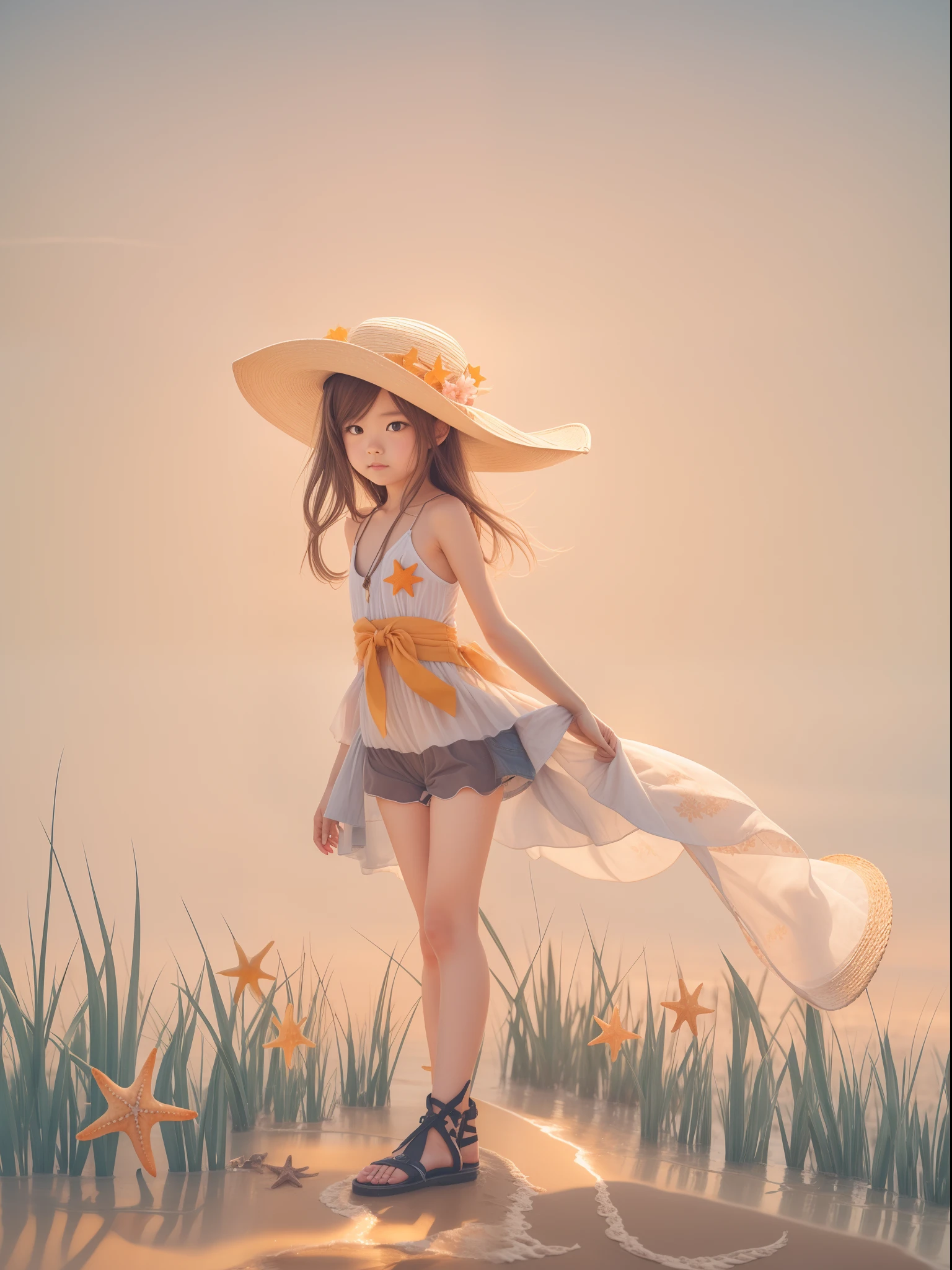 (masterpiece:1.2), (best quality:1.3), shallow_sunset, 1girl, standing, cowboy_shot, straw_hat, swimsuit, dress, shorts, flower, starfish,