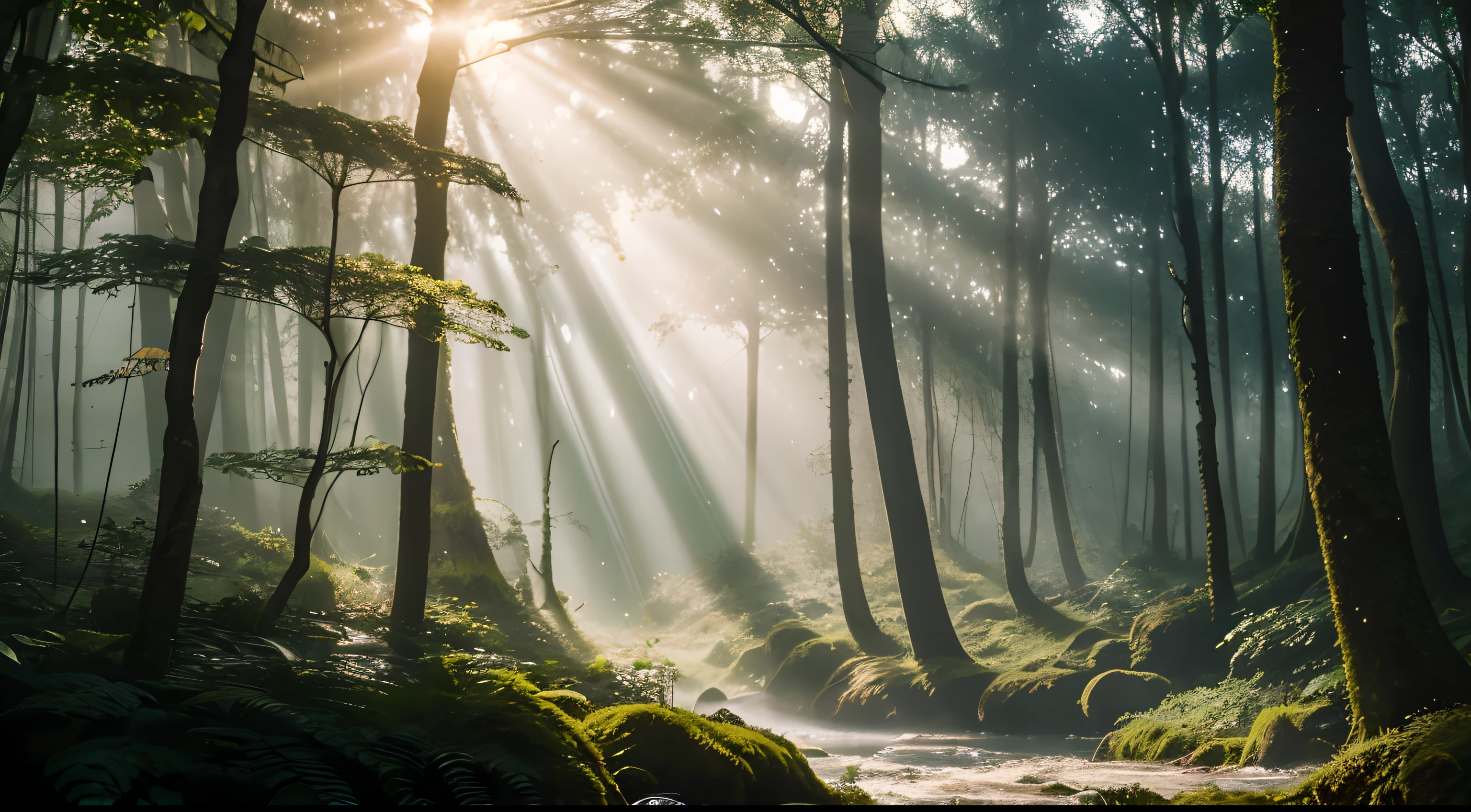 finest image, (8k, RAW photo, realistic), mist in the woods, forest, lakeside, overgrown trees, sunlight filtering through the leaves, blurry background fantasy, dewdrops, that emits fantastic light, light particles, light sparkles, iridescent light particles, detailed and delicate depiction, professional lighting