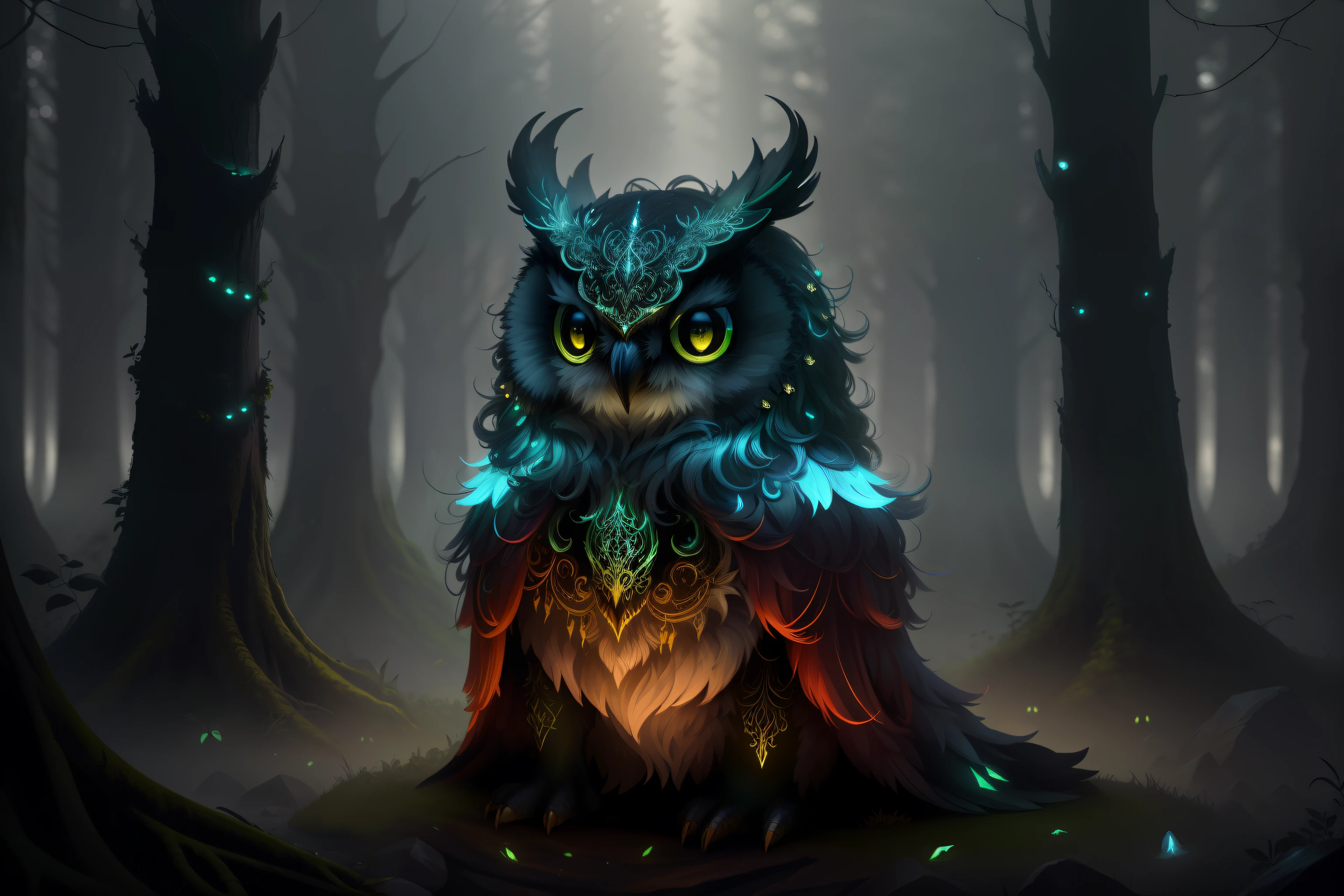 photo of a creature, monster, magic-fantasy-forest, digital art, most amazing artwork in the world, ((no humans)),volumetric light, soft balanced colours, forest scenery, vines, uhd, 8k octane render, magical, amazing, ethereal, intricate, intricate design, ultra sharp, shadows, cooler colors, trending on cgsociety, glowing eyes, ((best quality)), ((masterpiece)), (detailed), owl